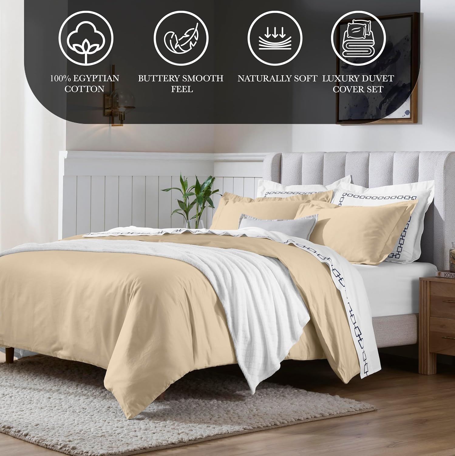 Superior Egyptian Cotton 650 Thread Count Duvet Cover Set, Bed Covers, Includes 1 Duvet Cover, 2 Pillow Shams, Bedding Essentials, Master, Guest, Hotel Bedroom Decor, King/California King, Linen