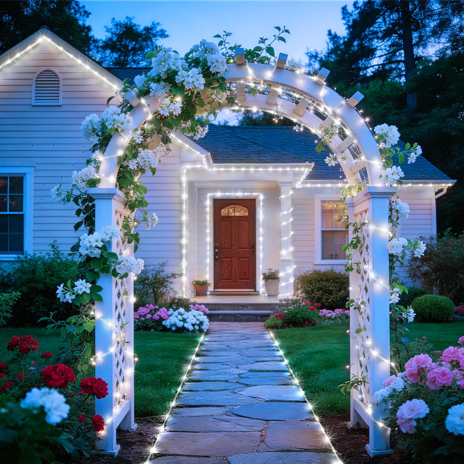 KNONEW Tira de luces solares para exteriores, 300 LED, 50 pies, impermeable, con modos, tubo delgado transparente para piscina, árbol, patio, jardín, valla, camping, terraza, cama elástica (blanco