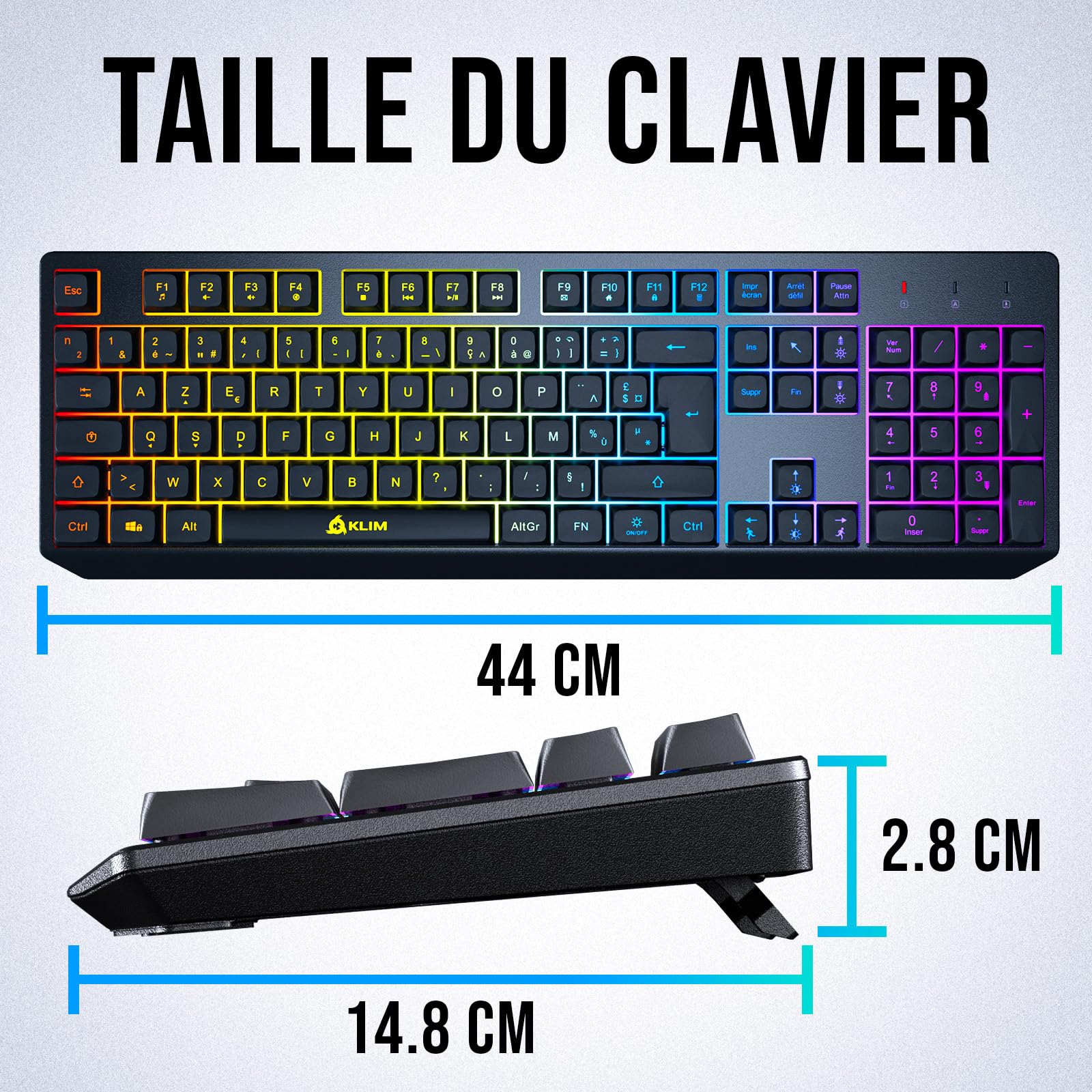KLIM Chroma – Clavier sans Fil Gaming AZERTY FR, Rétroéclairage RGB, Silencieux & Ergonomique, Batterie Intégrée Longue Durée, Résistant aux Éclaboussures – USB 2,4 GHz pour PC/Mac/PS4/PS5 – Noir