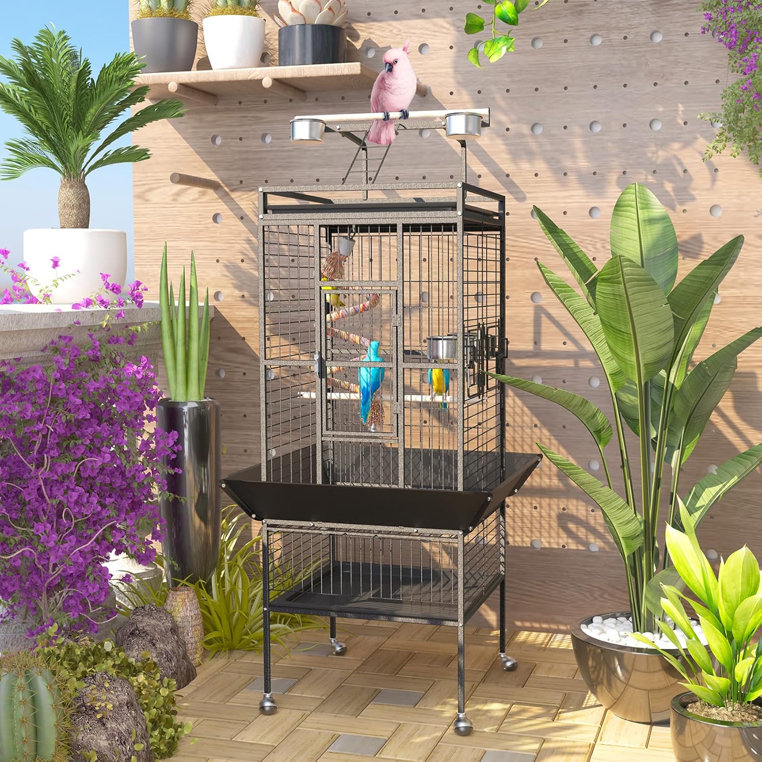 61'' Bird Cage, Bird Flight Cages with Rolling Stand & Bottom Tray, Wrought Iron Birdcage with PlayTop & Rope Bungee Bird Toy for Parakeet, Parrot, Lovebirds, Pigeons, Cockatiels, Macaw : Pet Supplies