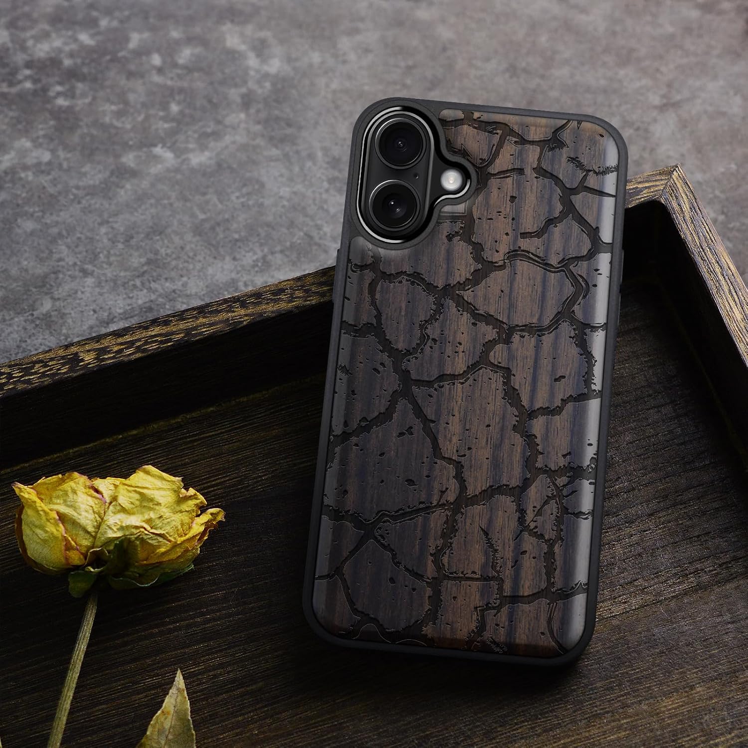 Carveit Magnetic Wooden Case for iPhone 16 Plus Case, Wood Artisan Engraved & Black Soft TPU Shockproof Cover, Compatible with MagSafe Wireless Chargers (Cracked Earth Texture) Blackwood