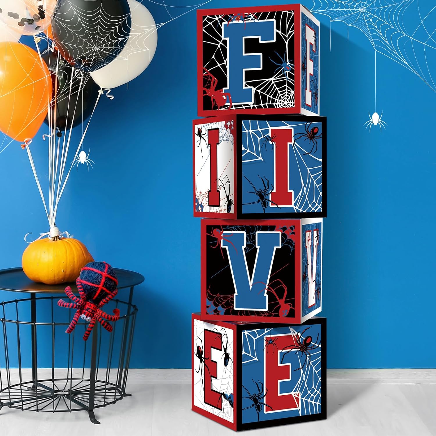 4 Pcs Spider 5th Birthday Decoration Spider Theme Balloon Boxes "Five" Letter Box Blocks for Boy Five Years Old Birthday Party Decoration Backdrop Photoshoot Props