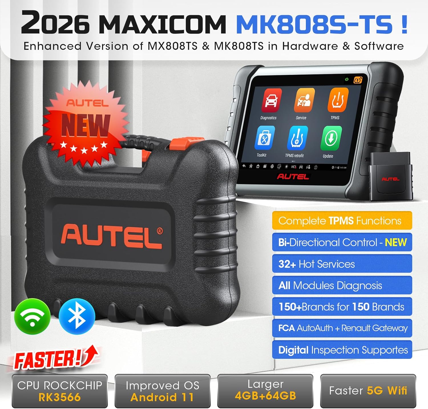 Autel MaxiCOM MK808S-TS OBD2 Scanner: 2026 Same TPMS Tool as MX808S-TS MP900-TS MS906 Pro w/ 3000+ Active Tests, 32 Service, TPMS Pr0gramming Relearn Retrofit, Full System, Up of MK900BT MK808BT Pro