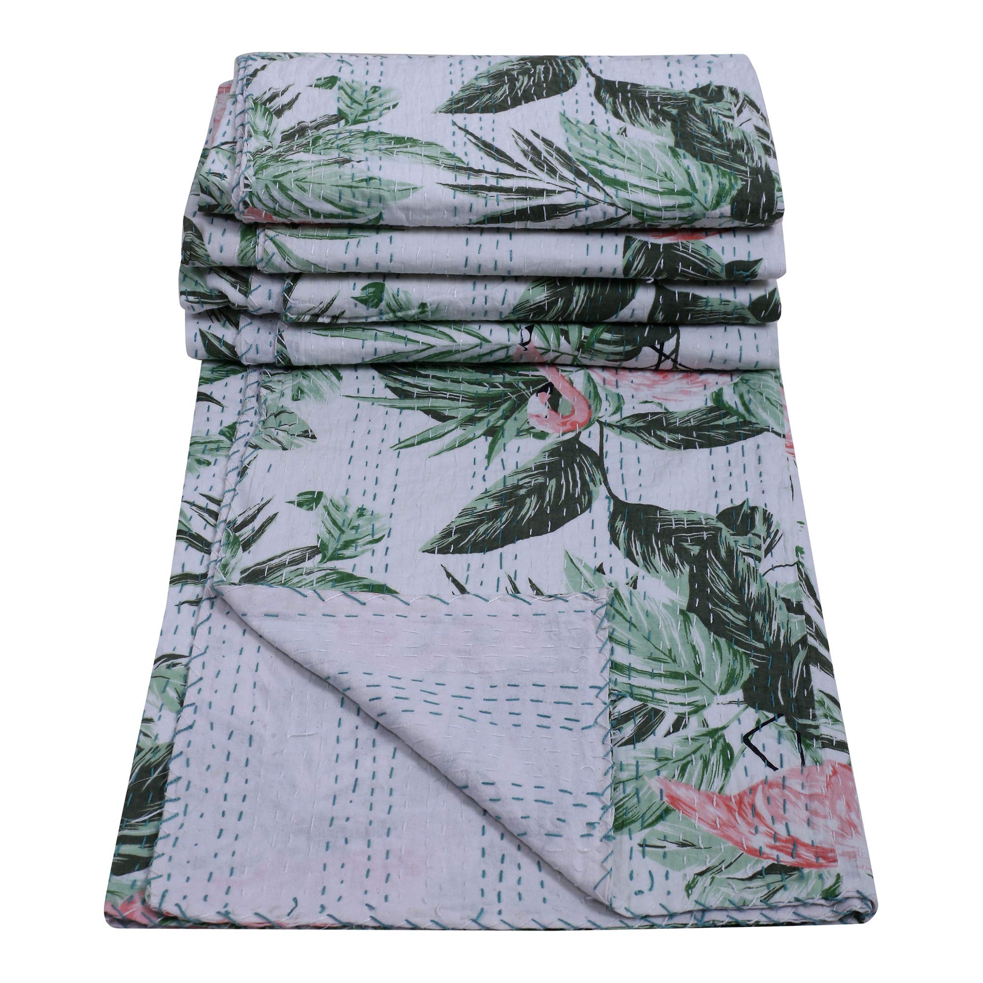 Maviss Homes Indian Traditional Handmade Patchwork Cotton Super Soft Kantha Quilt Blanket | Throw Bedspread Blanket | Bedroom Décor Throw Quilt |Home Décor; Green