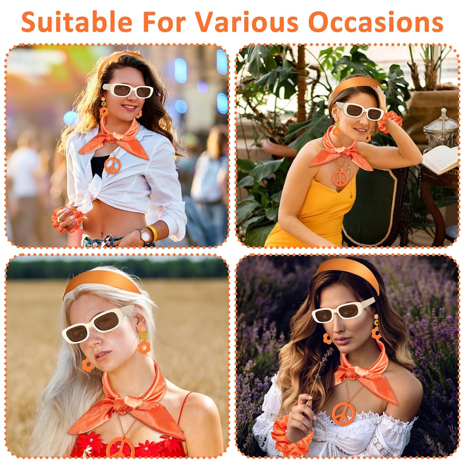 6 Pcs 60s 70s Women Hippie Disco Costume Accessories Set Headband Dangle Earrings Sunglasses Silk Scarf Scrunchie Peace Sign Necklace