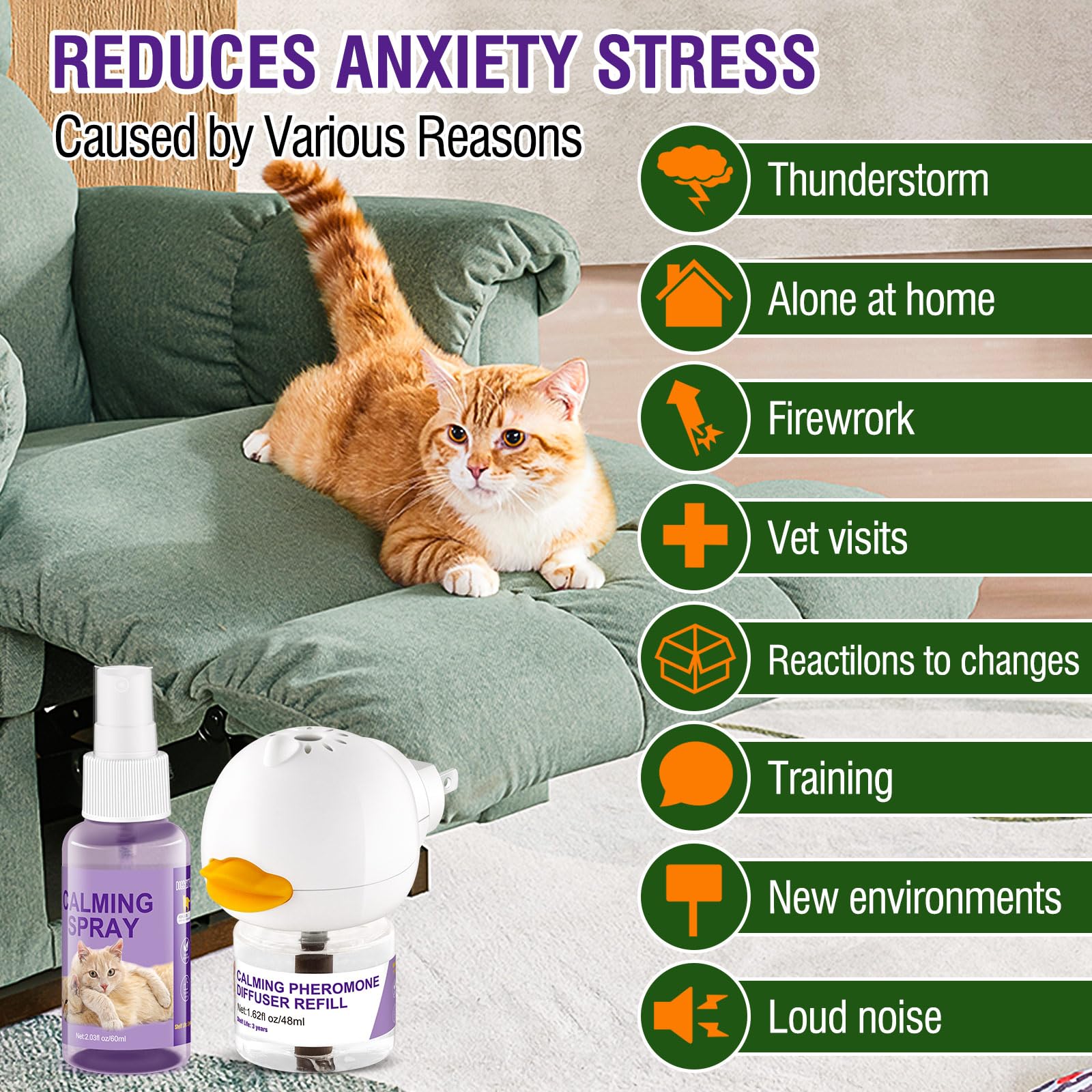 Cat Calming Pheromone Diffuser And Spray,Juego De Difusor De Feromonas Para Gatos,Spray Calmante Para Gatos,Alivia El Estrés Por Ansiedad,Reduce Las Peleas Y Los Arañazos (1 Recarga+1 Spray)