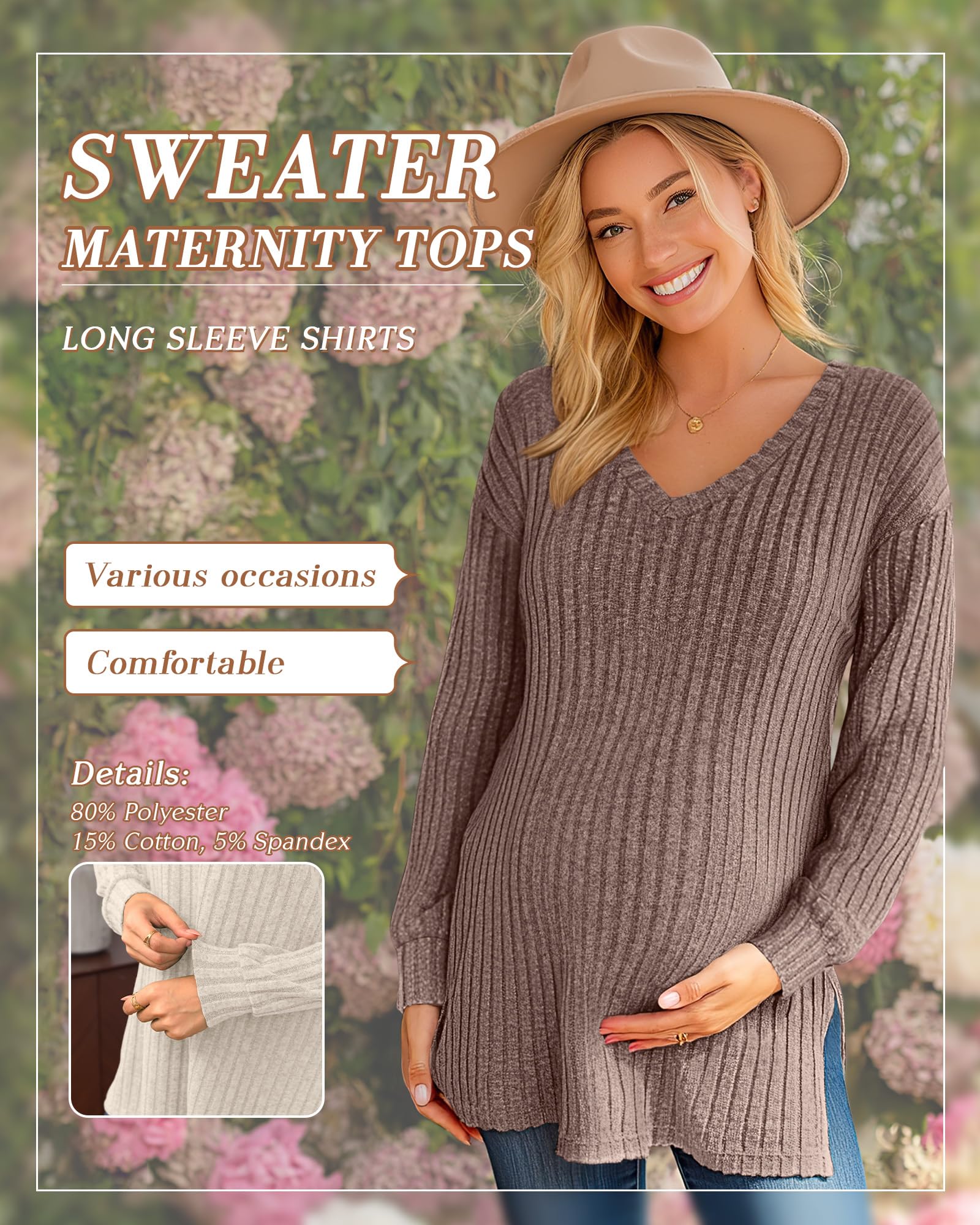Xuniea 3 Stück Gerippte Umstands-Shirts für Damen, Langarm V-Ausschnitt Pullover mit Seitenschlitz