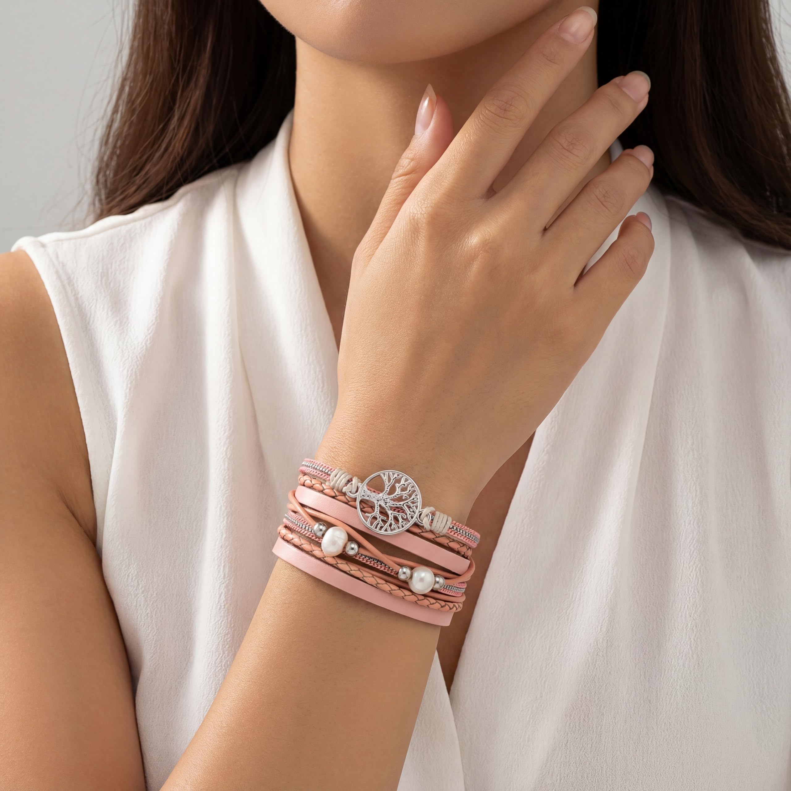 StarAppeal Armband Wickelarmband mit Perlen, Ketten, Flechtelement und Lebensbaum Anhänger, Magnetverschluss Silber, Damen Armband