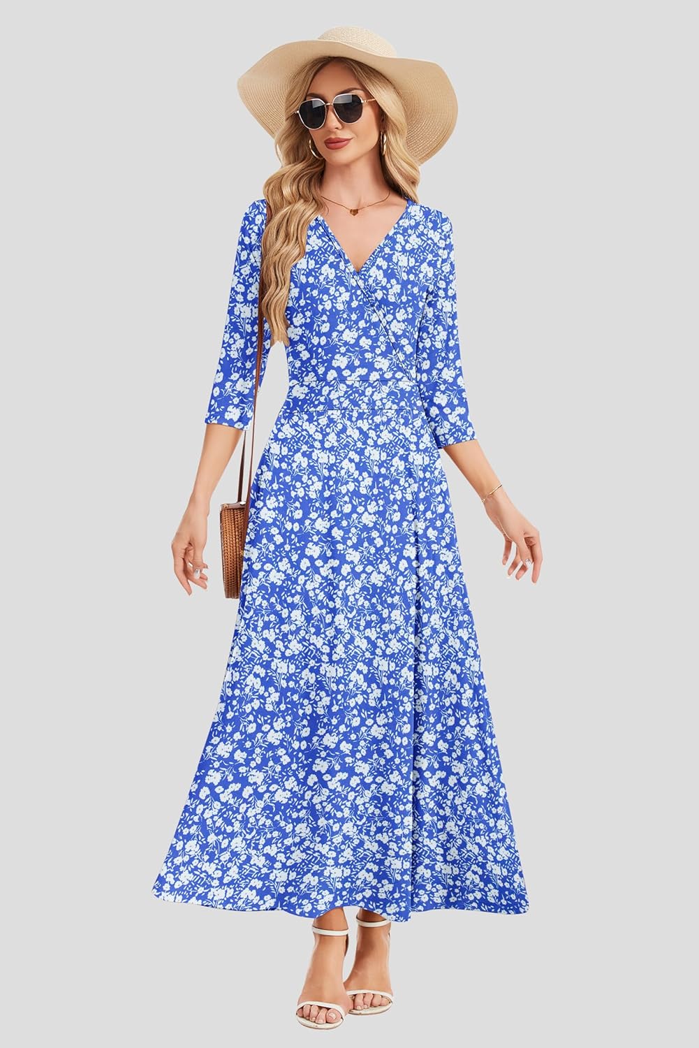 AUSELILY Maxi Dresses for Women 3/4 Sleeve V Neck Wrap Casual Loose Floral Long Dresses with Pockets All-Season - Image 3