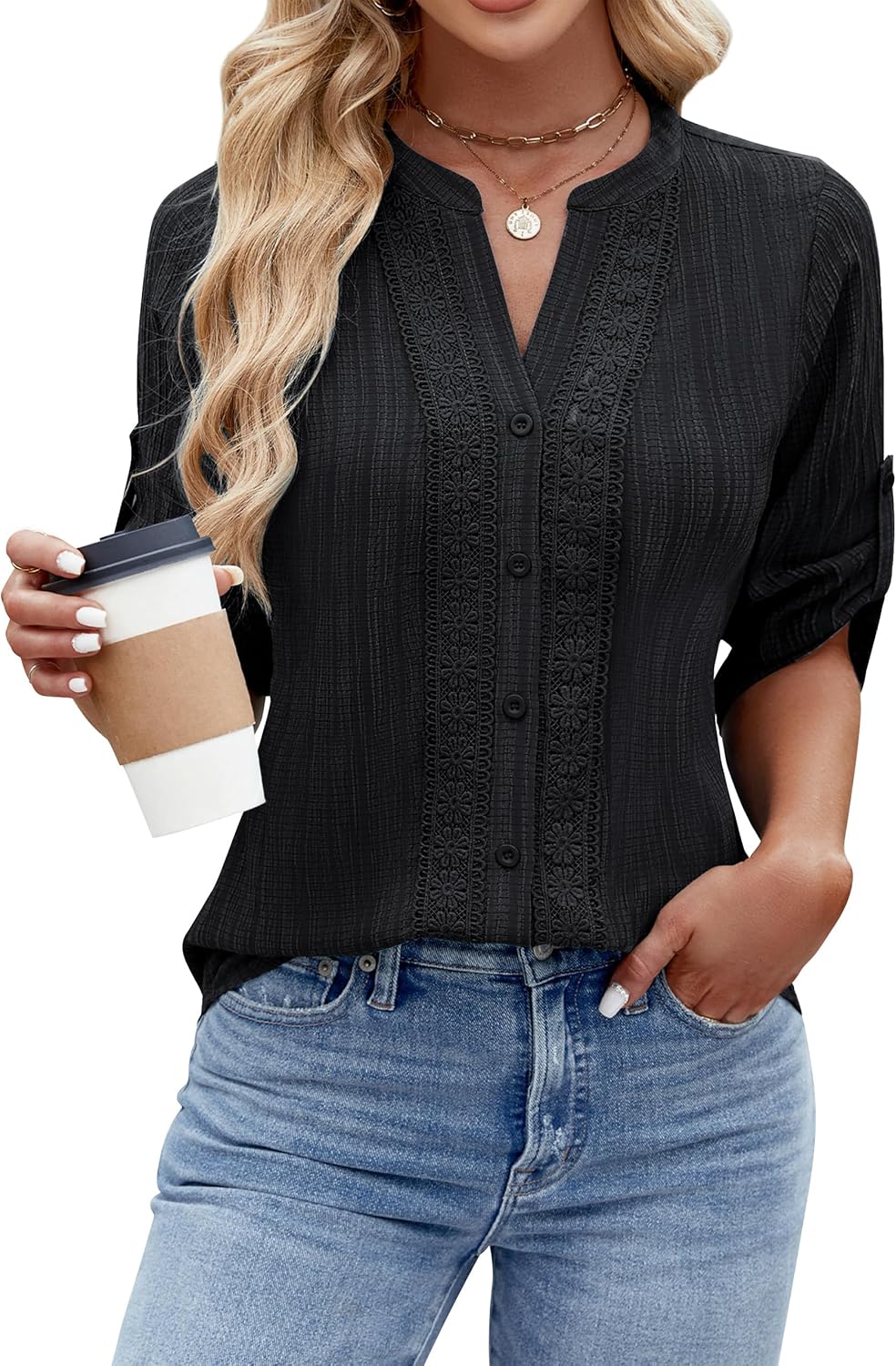 Blooming Jelly Womens Button Down Shirts Lace Crochet Dressy Casual Tops 3/4 Sleeve Work Summer Outfits 2026