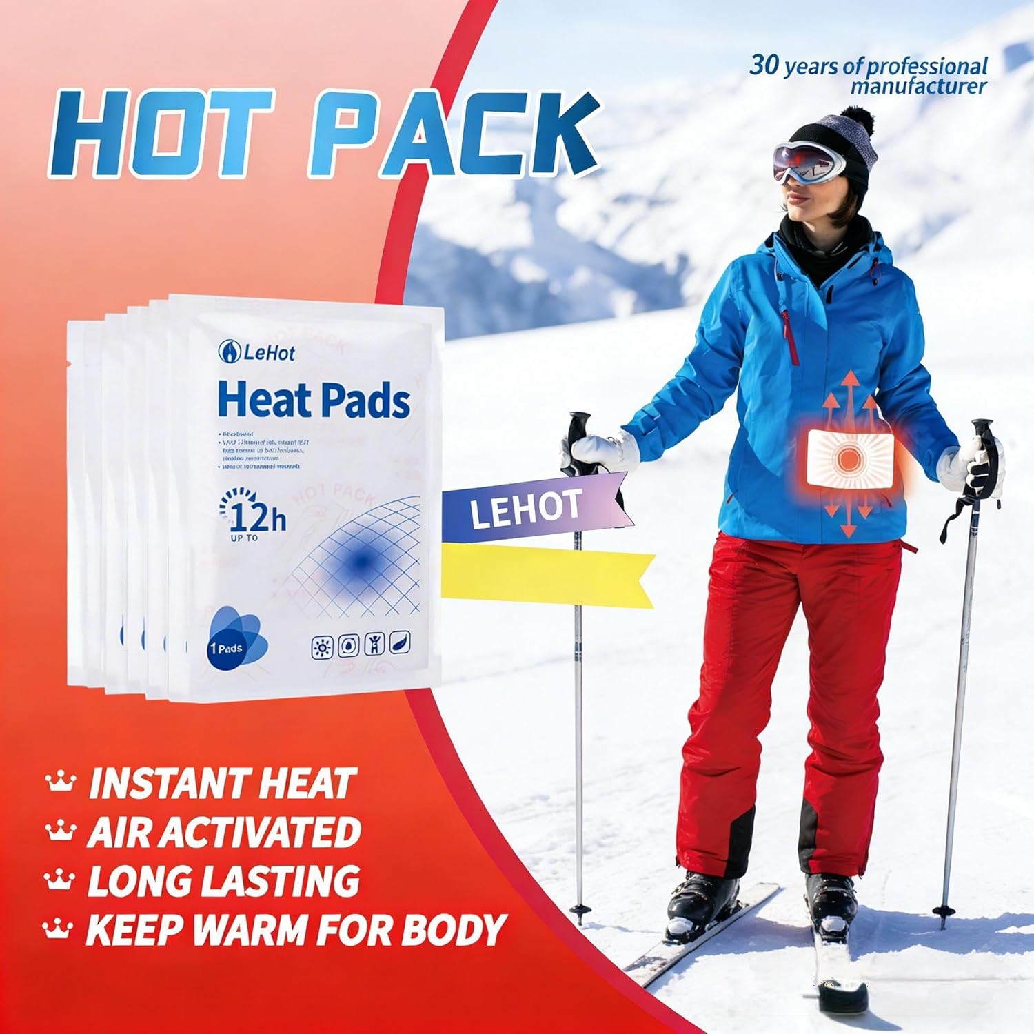Hot Body Warmers - 60 Pack Disposable Adhesive Patches for Up to 12 Hours of Safe, Natural Heat, Ideal for Outdoor Activities like Skiing, Hiking & More, Fastest Activation for On-the-Go Warmth.