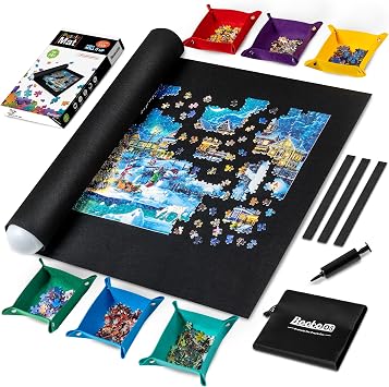 Becko US 2000 Piece Puzzle Mat Roll Up with 6 Sorting Trays & Storage Bag & Black Pump, Jigsaw Felt Mat for Easy Transport & Storage, Portable Puzzle Saver for 2000 1500 1000 Pieces Jigsaw Puzzles