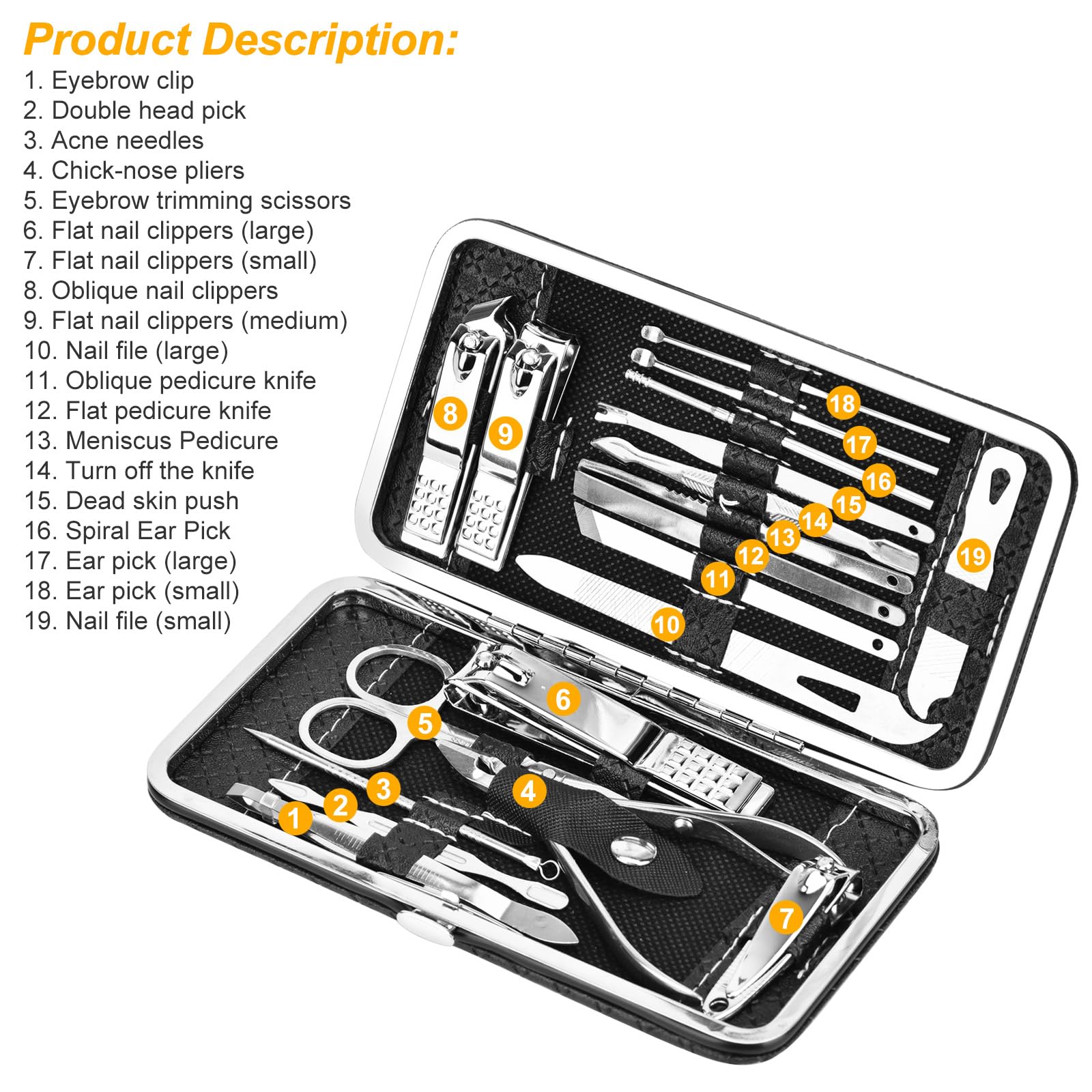 Queta Set manicure da 19 pezzi, set di tagliaunghie per manicure pedicure set di tagliaunghie in acciaio inox set per la cura della cura delle unghie pusher per cuticole lime per unghie