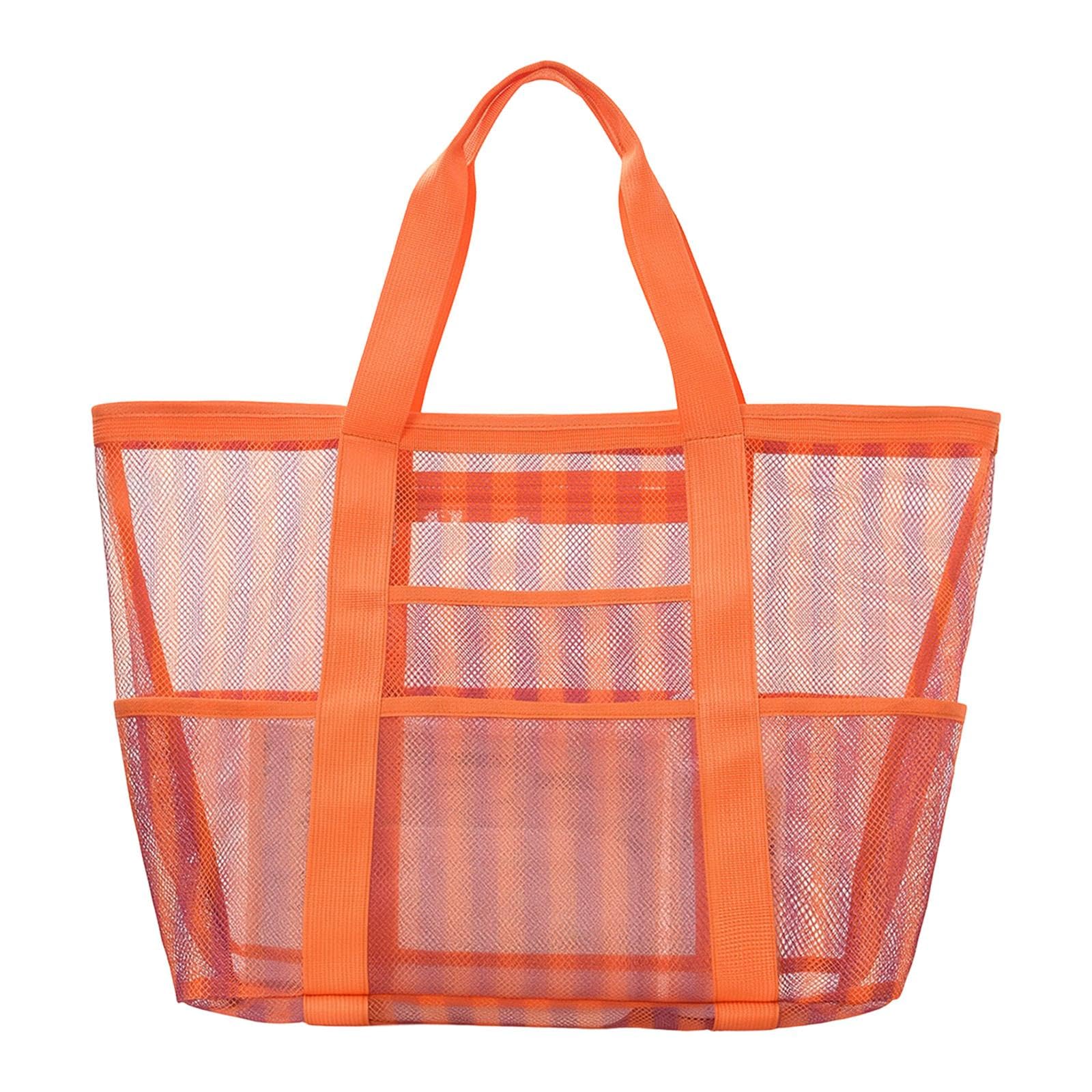 Mesh Bag Beach Gym Study Stylish Picnic Vacation Essentials Striped Tote Bag Tangerine Pink-image-13