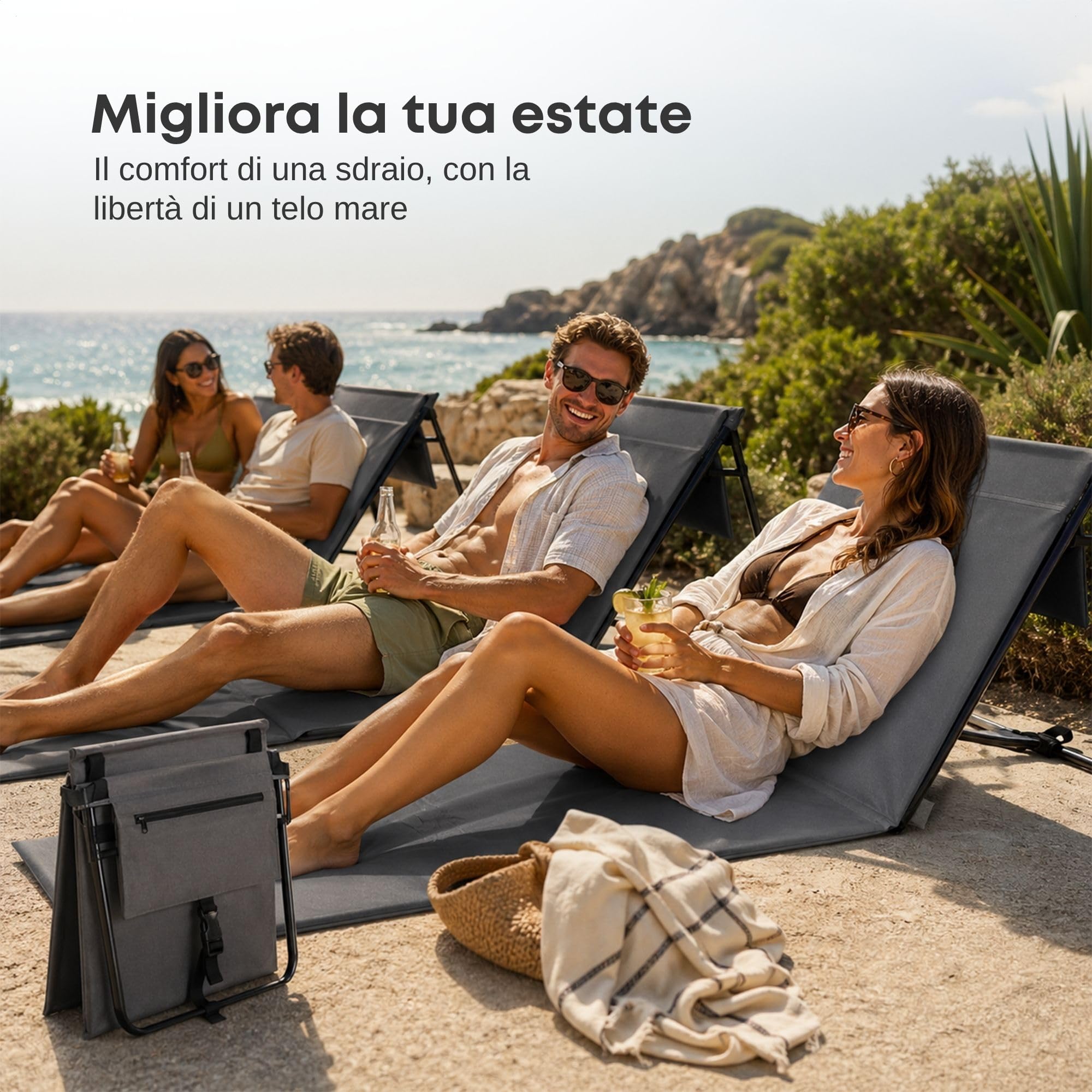 Set di 2 sedie da spiaggia pieghevoli con schienale regolabile, ultraleggeri e salvaspazio, grigio