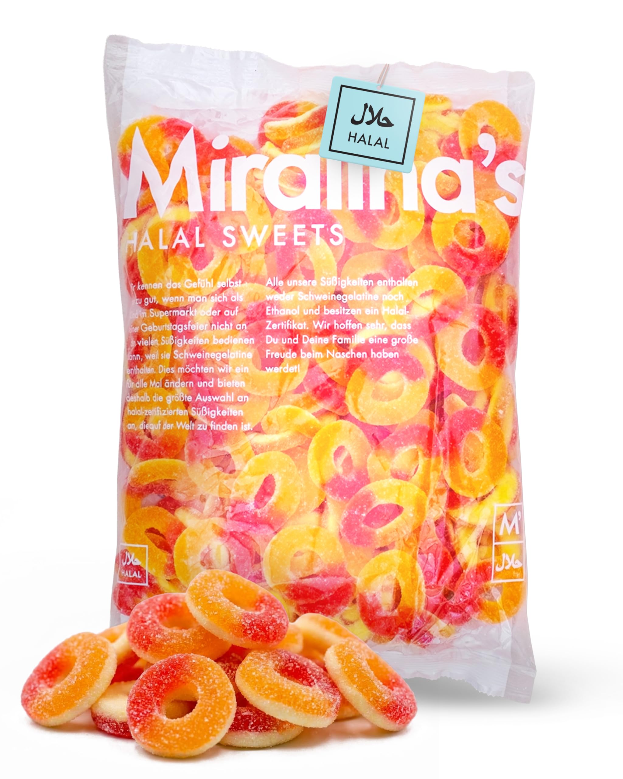 Miralina - Halal Süßigkeiten – Pfirsichringe (500g) - mit Halal Zertifikat - Fruchtgummi - glutenfrei - ohne Schweinegelatine - Großpackung - Gummibärchen