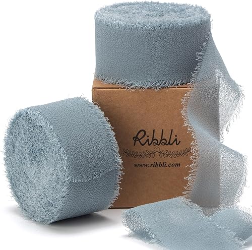 Miniatura 38 de Ribbli Cinta de gasa azul bebé de 1 pulgada x 20 yardas hecha a mano con flecos de seda, cinta azul para envolver regalos, invitaciones de boda