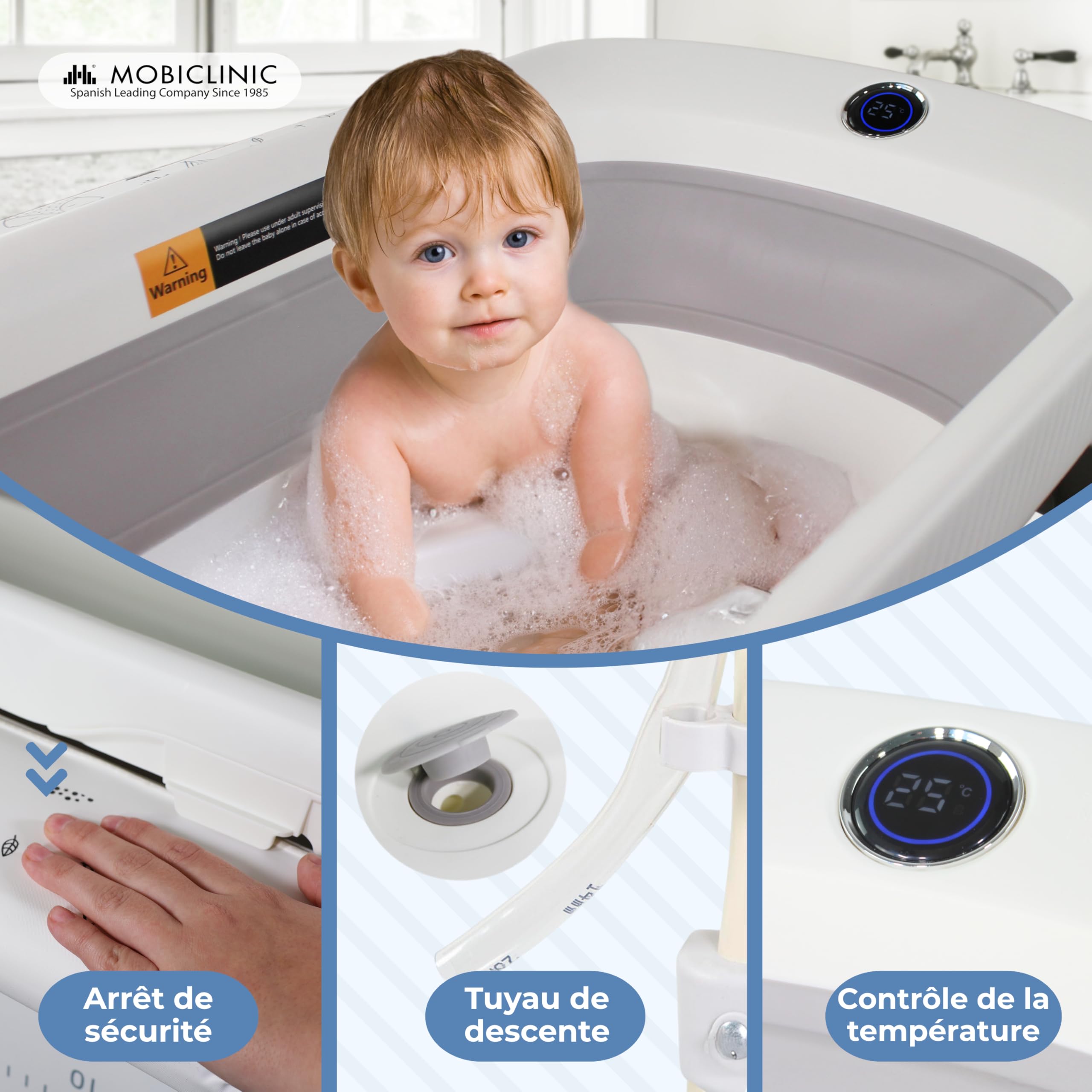 Mobiclinic®, Table à langer 2-en-1 avec baignoire, Trendy, Réglable en 4 hauteurs, Thermomètre, Roues frein, Paniers de rangement, Jusqu'à 50 kg, Tube drainage, 0-36 mois