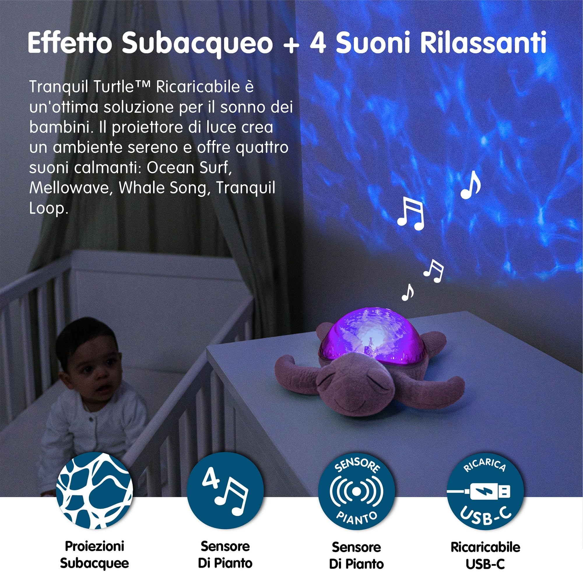 Cloud B Luce notturna musicale a forma di tartaruga rosa | 1 proiettore oceanico + 2 rumori bianchi + 2 suoni rassicuranti | Sensore di pianto | Tranquil Turtle Rosa ricaricabile