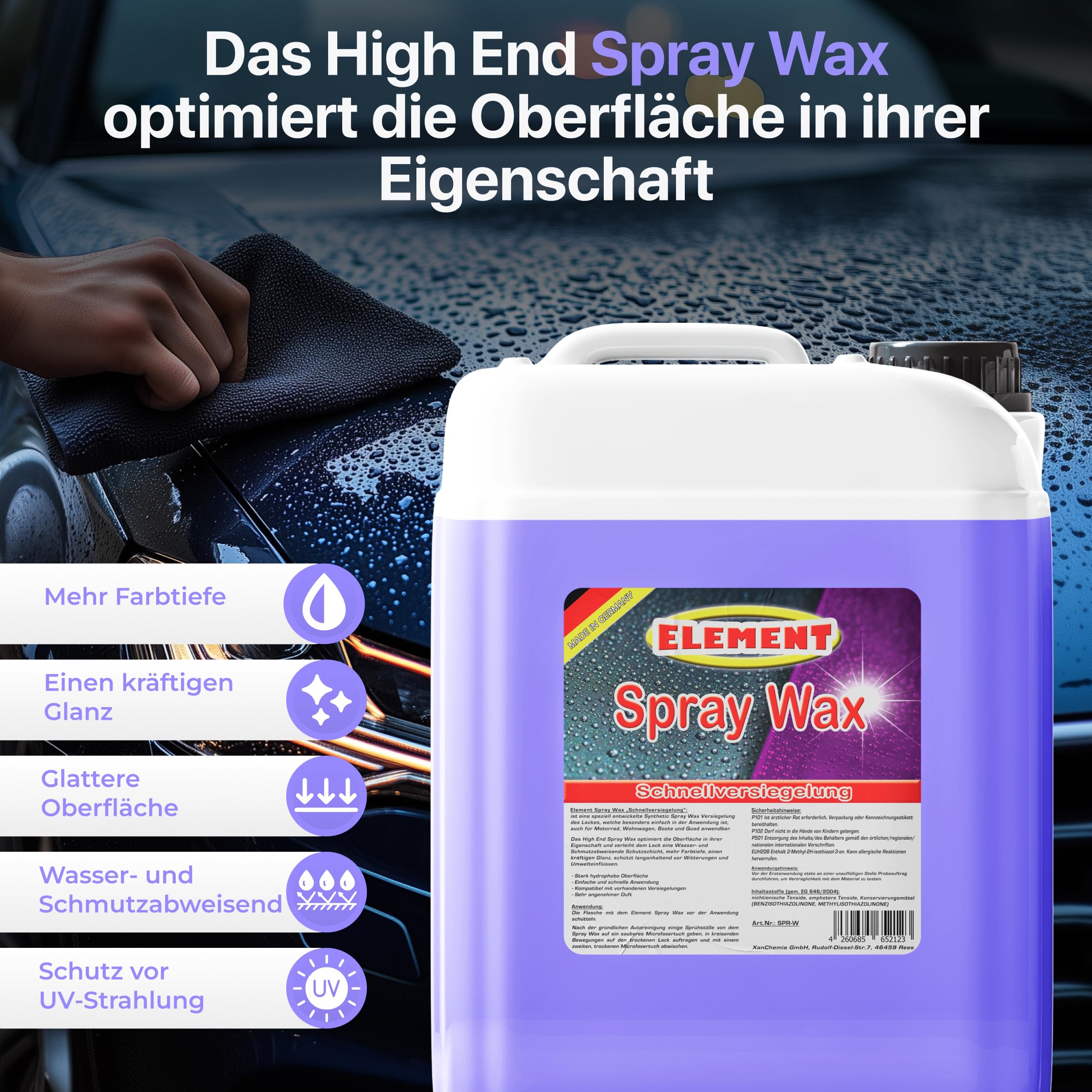 Element Sprühwachs Spray Wax 10L mit Abperleffekt | Synthetic Spray WAX | Autopflege für Glanz & Schutz | Sprühversiegelung | Schnellwachs Autowachs
