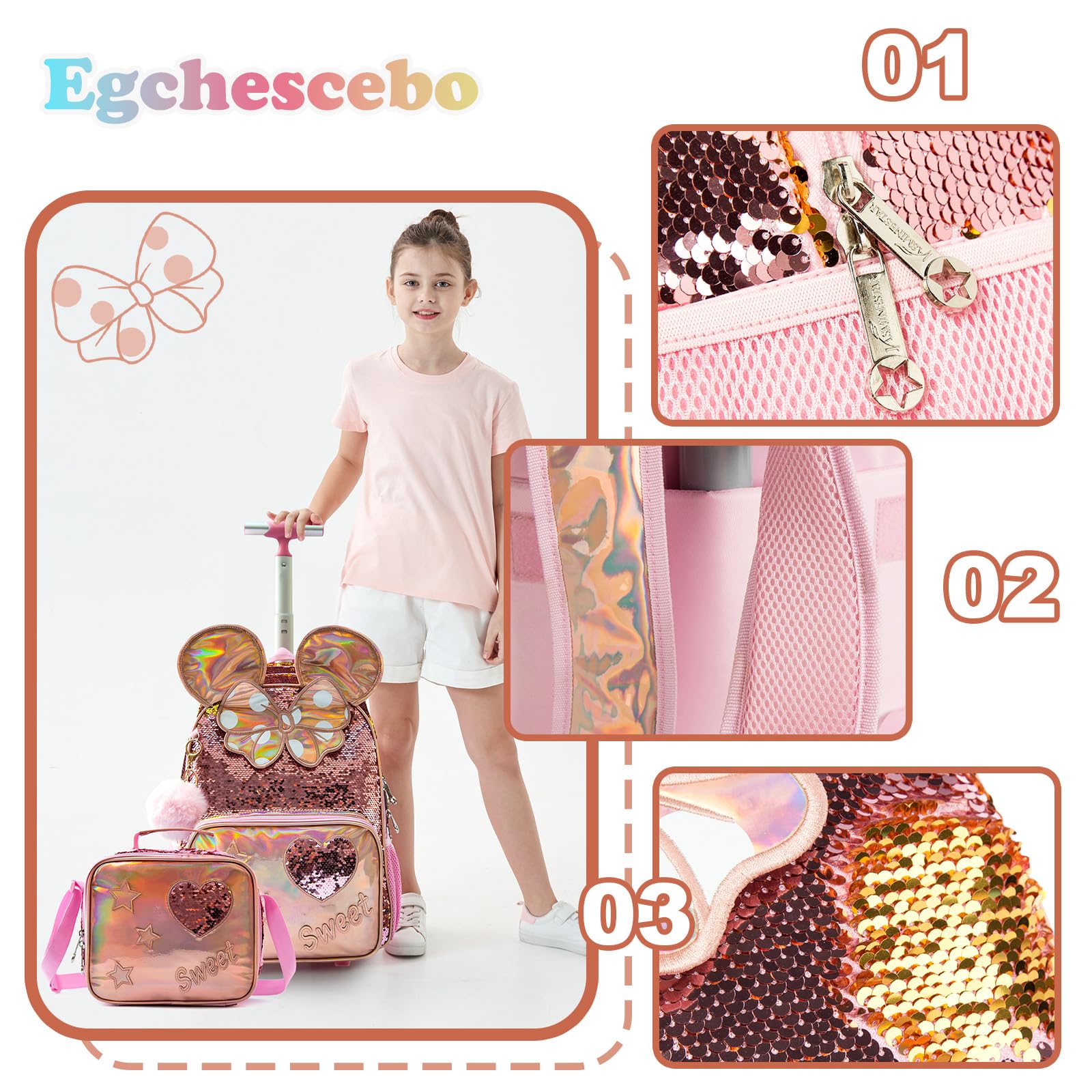 Sac a Dos Grandes Oreilles Enfant Roulette Fille Primaire Valise École Maternelle Sacs à D'école pour Voyage Cabine de Bagages 3PCS Ensemble Grand Cartable Étudiant Simple Perles Champagne