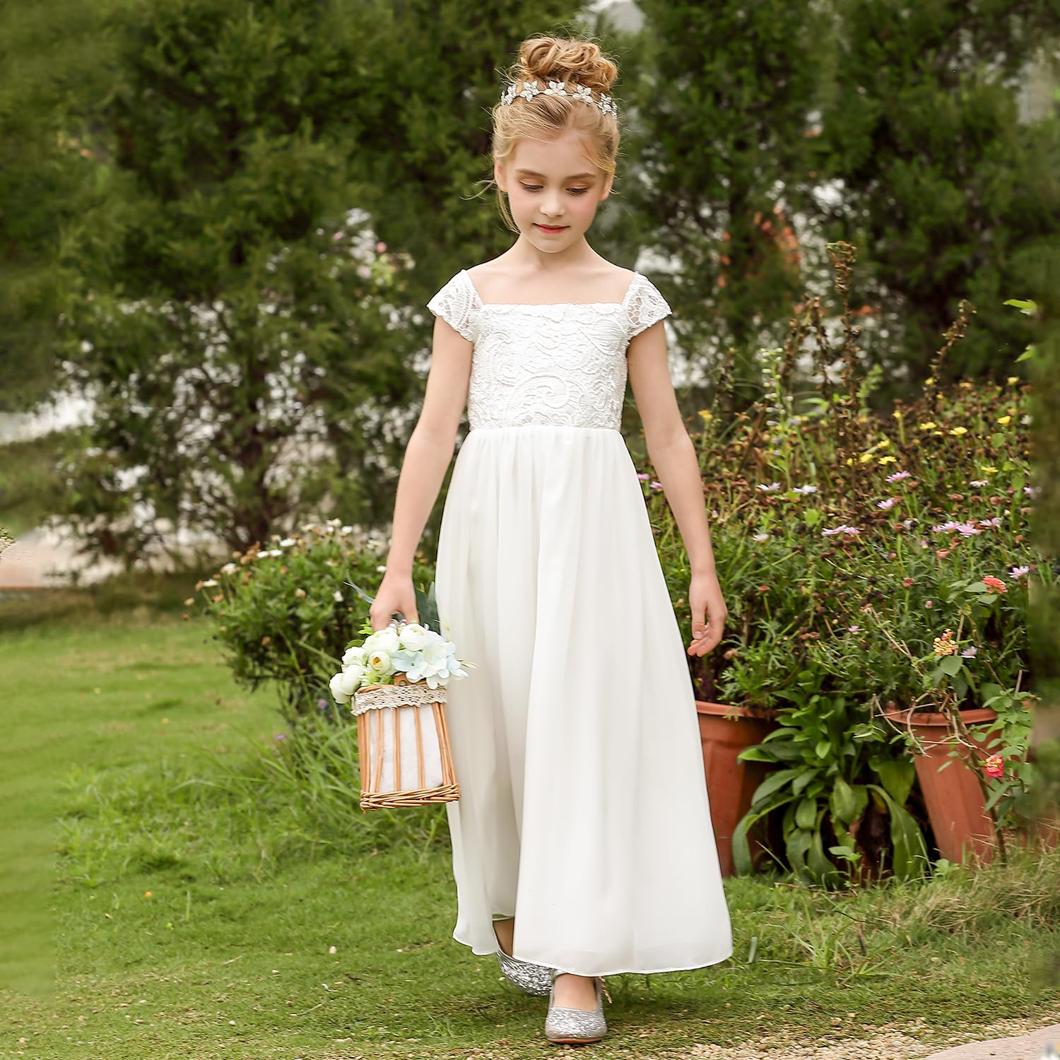 PLWEDDING Chiffon A-line abito da ragazza floreale prima comunione abiti per bambini compleanno matrimonio abiti da festa