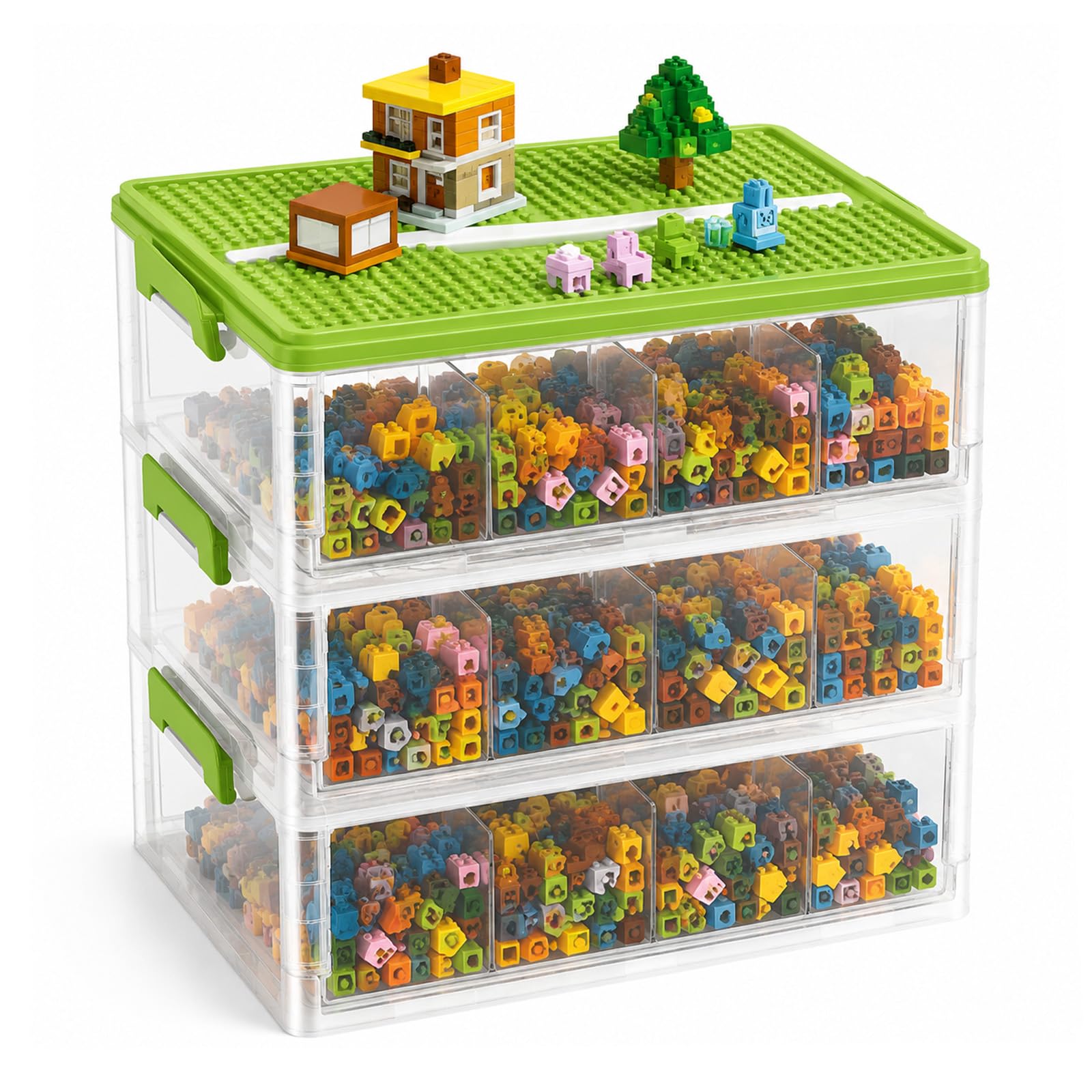 Storage Boxes with Lids for Lego Cube, 3-Tier Large Stackable Kids Toy Organizer with Handle & Multi Compartments,Transparent Storage Bins Container Chest Case for Storing Building Blocks,Crafts,Tools