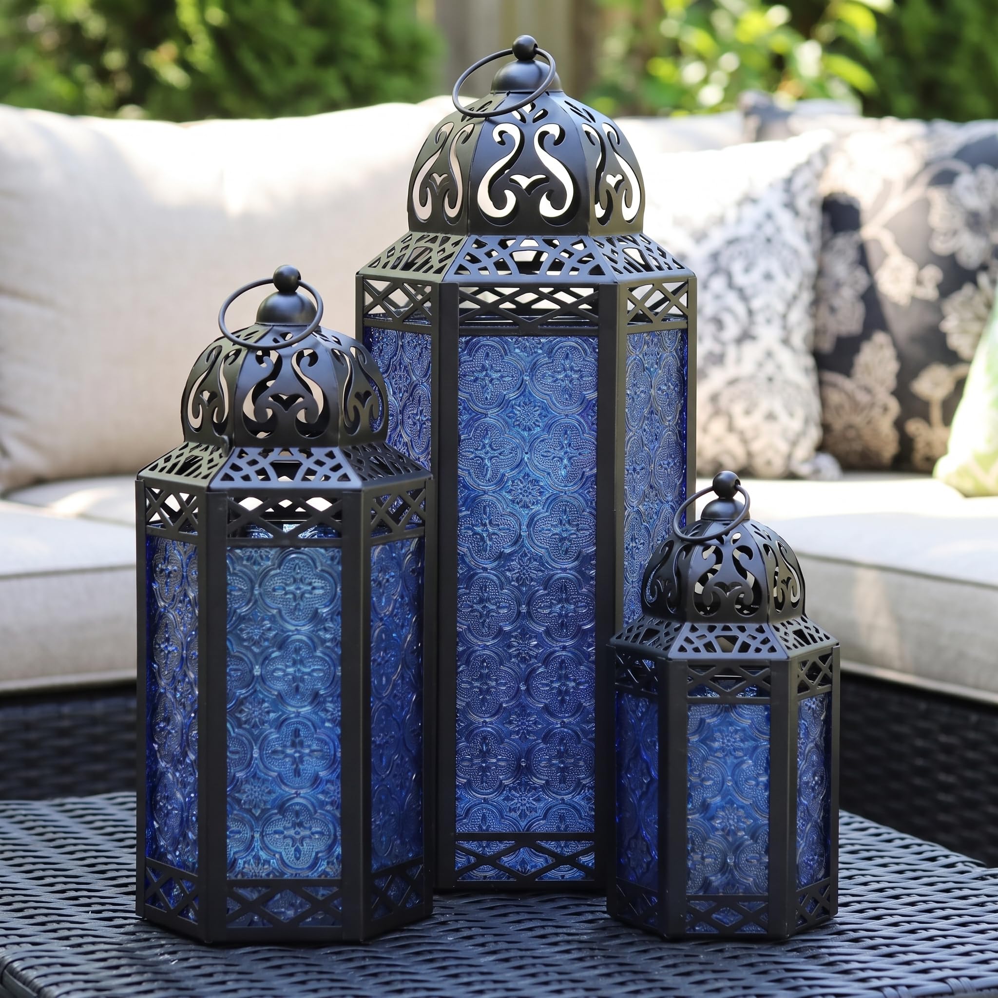 Vela Lanterns Juego de 3 faroles portavelas marroquíes Decorativos para Suelo, decoración de Ramadán, decoración Interior del hogar, Patio al Aire Libre o Porche, Bodas, Cobalto