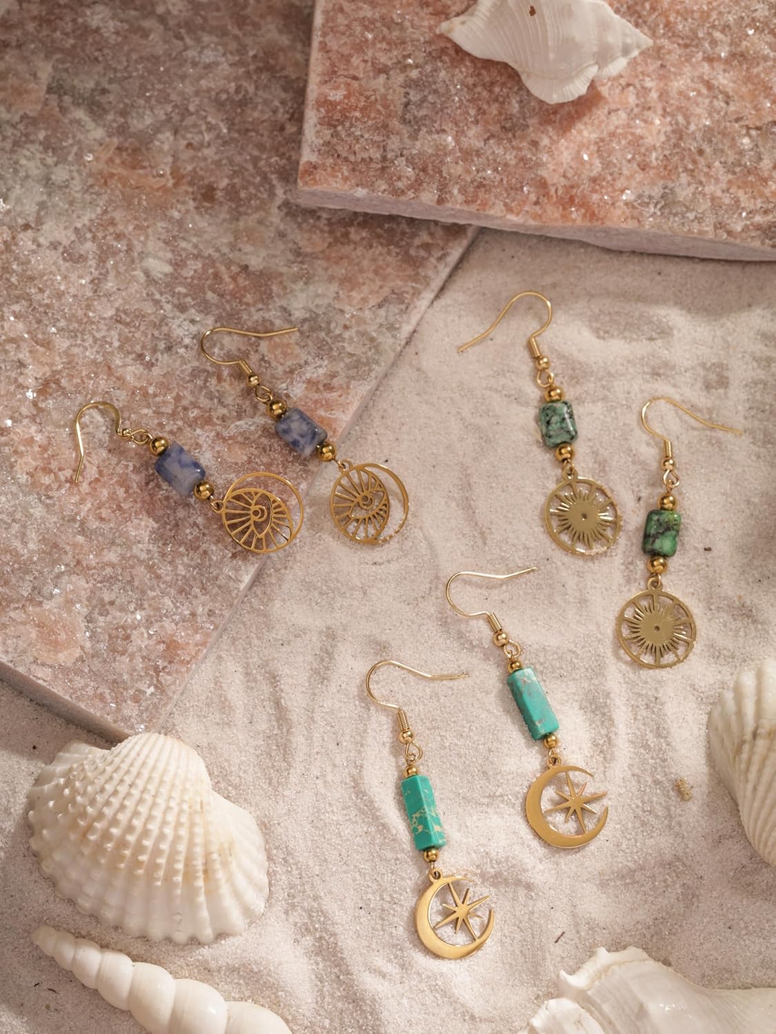 MINACHI Boho Sunburst Charm and Green Stone Drop Earrings, Handmade Gold Tone Hippie Danglers For Women - Image 8