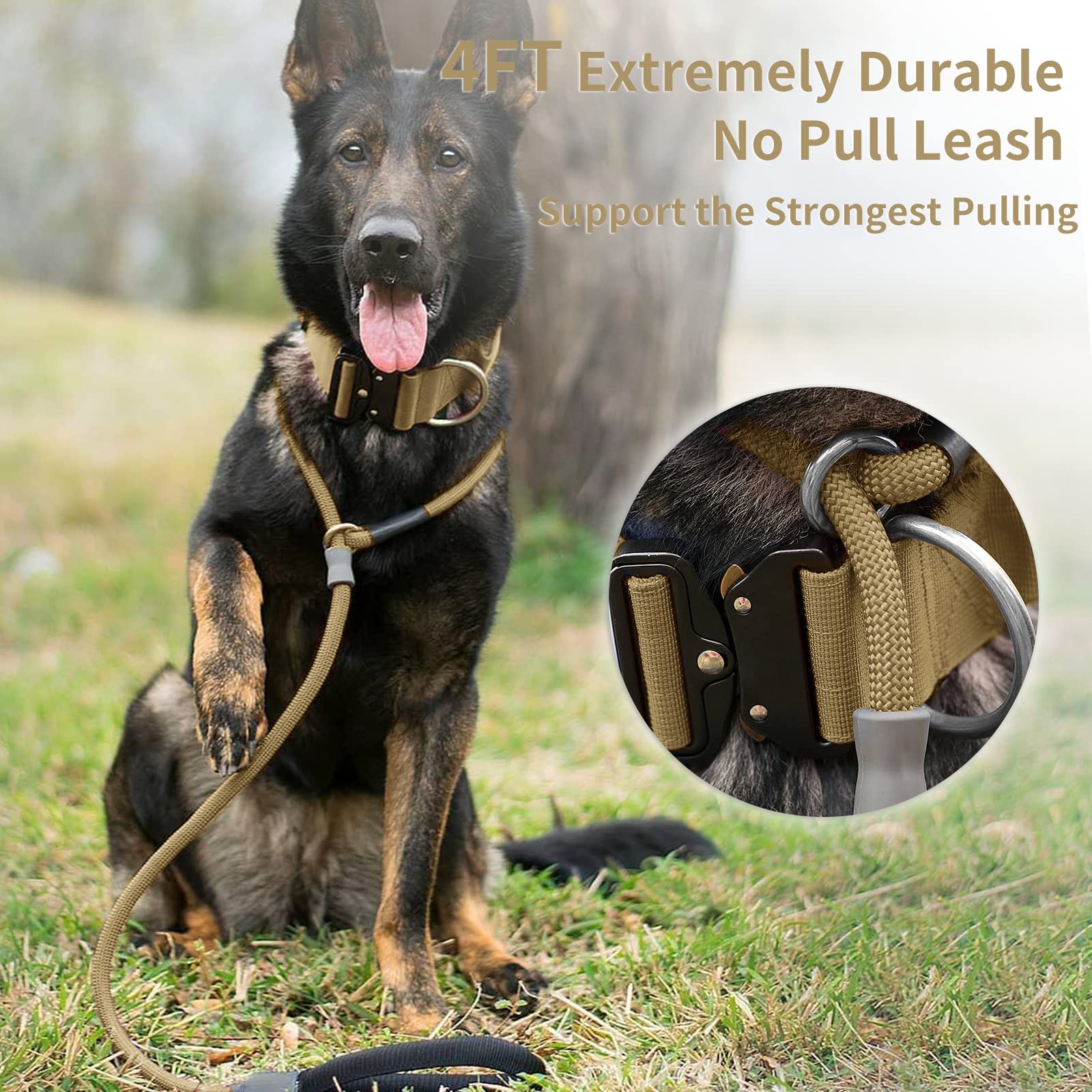 Strong Slip Lead Dog Leash, Heavy Duty Nylon Dog Training Leash, Durable Grey Dog Rope Lead No Pull Walking Leash with Rubber Stopper & Padded Handle for Small Medium Large Puppy Dogs 1.2m Khaki - Image 2