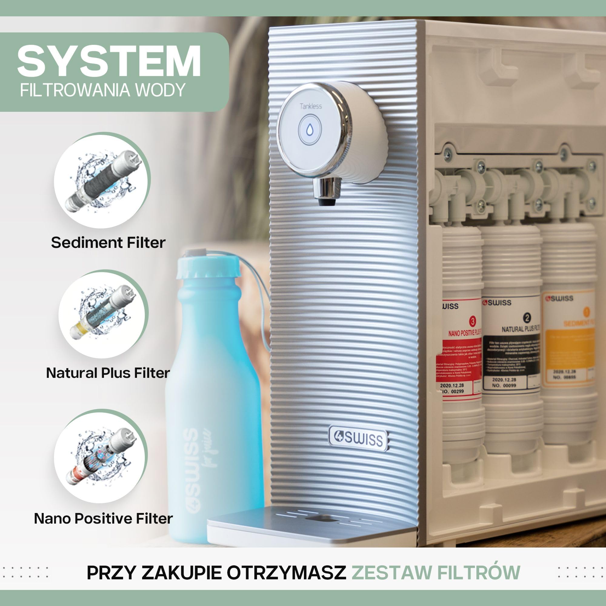System filtracyjny 4SWISS do wody użytkowej, 5-stopniowy system bezpośredniego filtrowania wody pitnej z trzema wymiennymi wkładami i czterema trybami dozowania wody