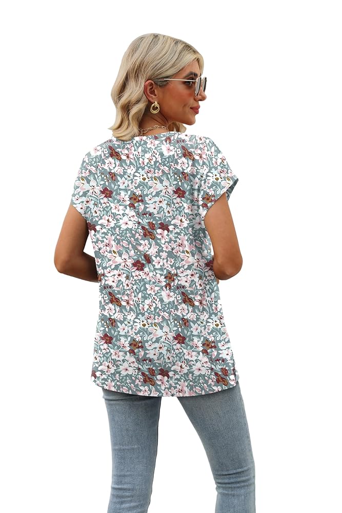 Womens Floral Print Tops Casual Summer Short Sleeve V Neck