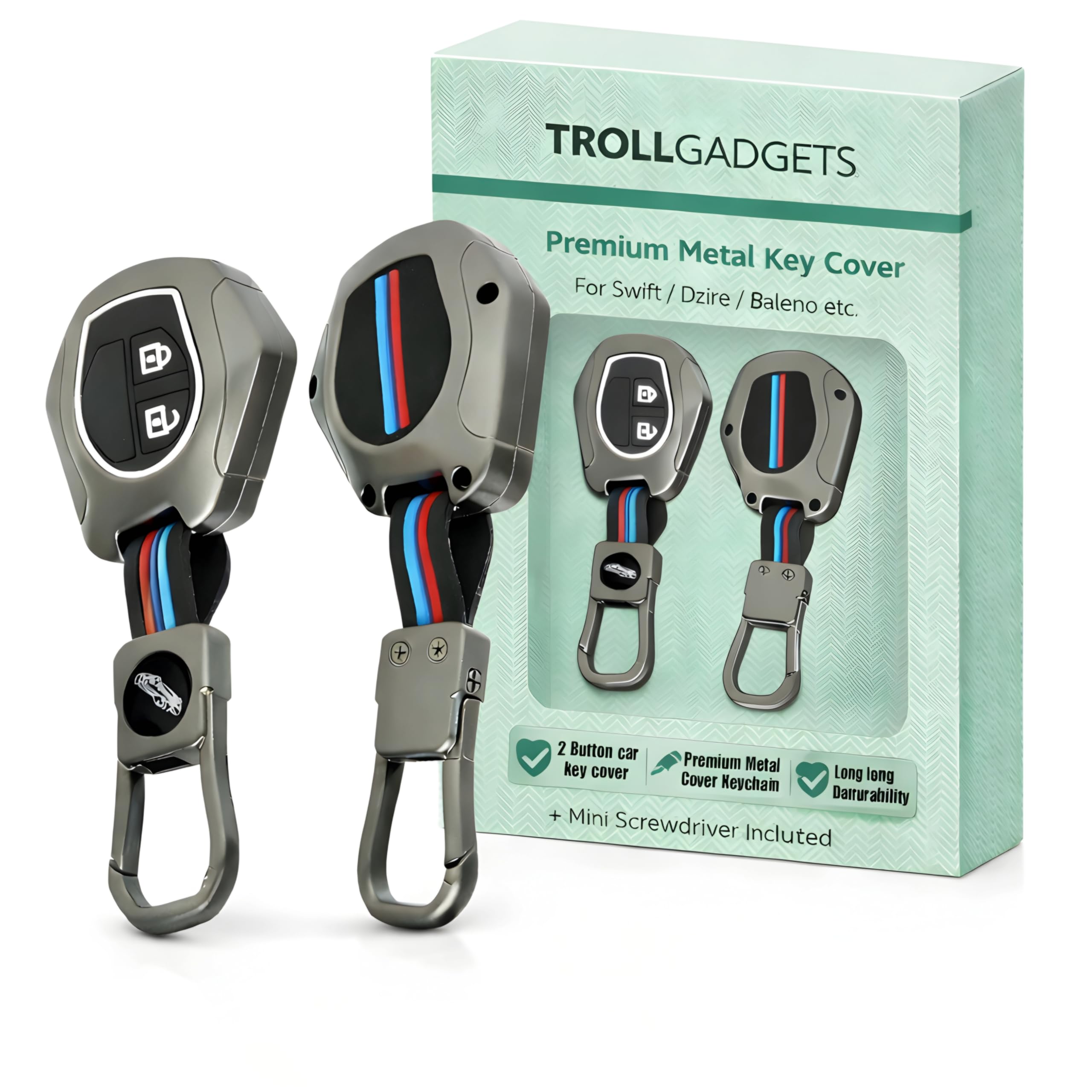 TrollGadgets®️ Premium Metal Key Cover Compatible for Maruti Suzuki Swift | Dzire | Baleno | Ertiga | WagonR | Celerio | Alto | Brezza | Ignis | S-Presso | Fronx (2 Button Remote Key)