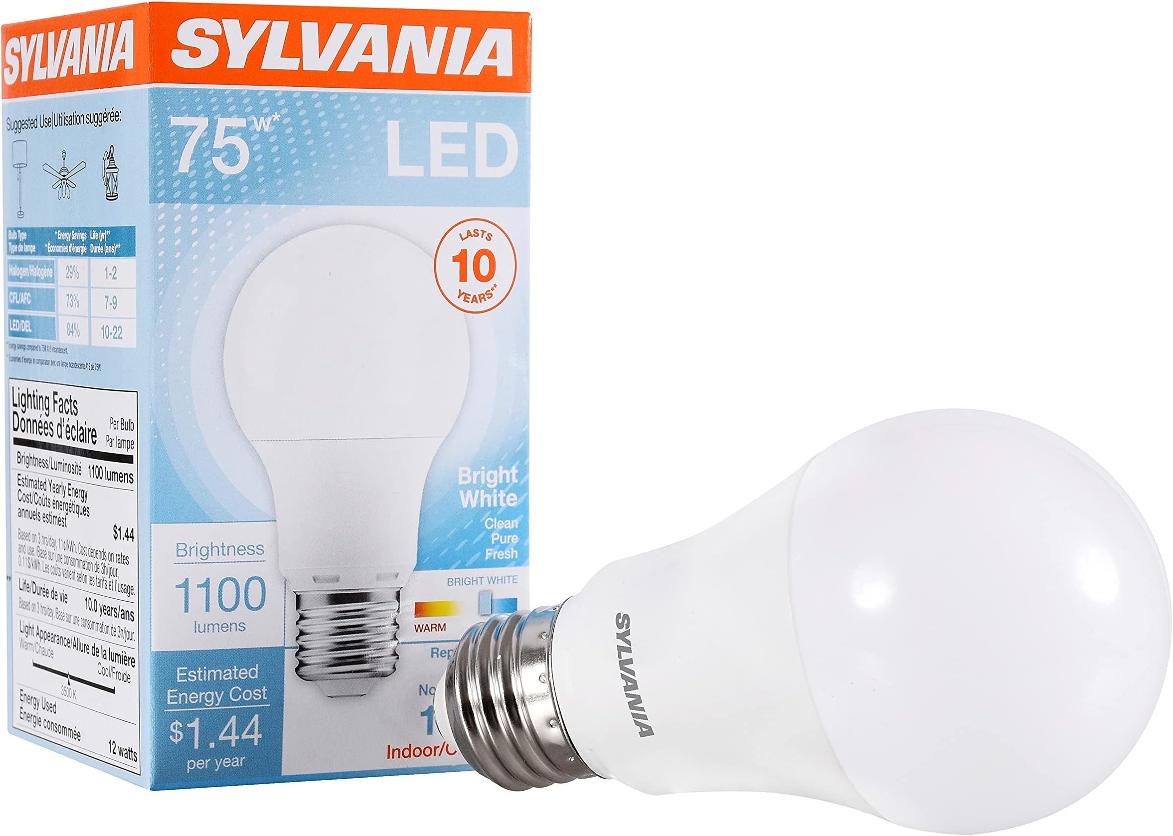 Sylvania LED Light Bulb, 75W Equivalent A19, Efficient 12W, Medium Base, Frosted Finish, 1100 Lumens, Bright White - 1 Pack (78096)