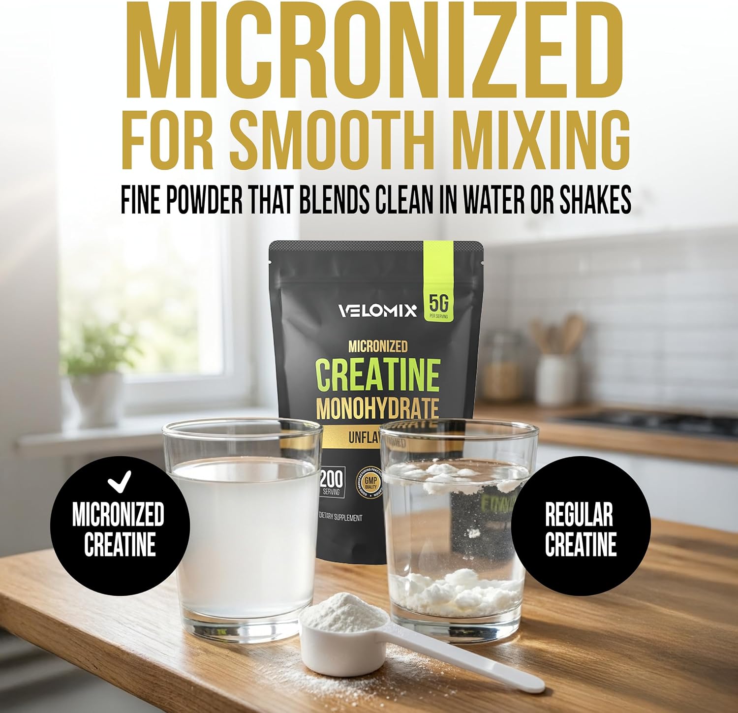 VELOMIX Micronized Creatine Monohydrate Powder - 100% Pure Creatine Powder Unflavored and Easy to Mix | Supports Muscle Growth, Recovery, and Strength | 5000mg Per Serv (5g) - 200 Servings