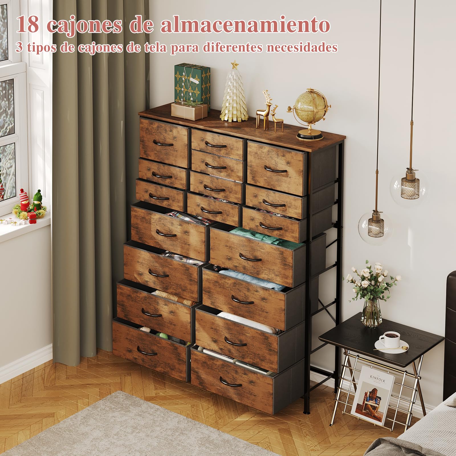 CAIYUN Cómoda con 18 cajones de tela, cómoda para dormitorio, cómoda, salón, armario de almacenamiento, con marco de acero resistente, tablero de madera (marrón vintage)
