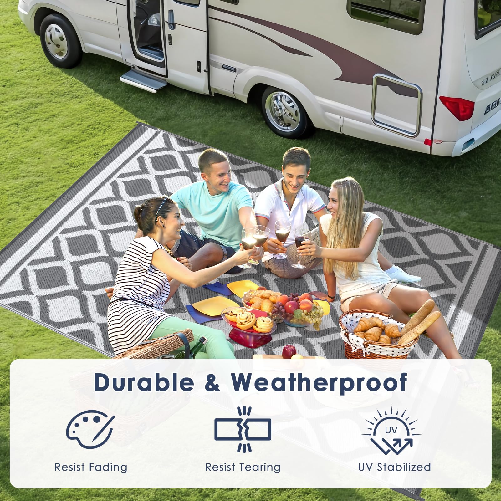 VK·LIVING Grand Tapis d'Extérieur pour Patios Imperméable 180X270cm Tapis de Jardin Réversible Tapis de Sol en Léger Tapis de Patio Pliable et Portable pour Balcon Camping Cour RV Plage Gris&Blanc