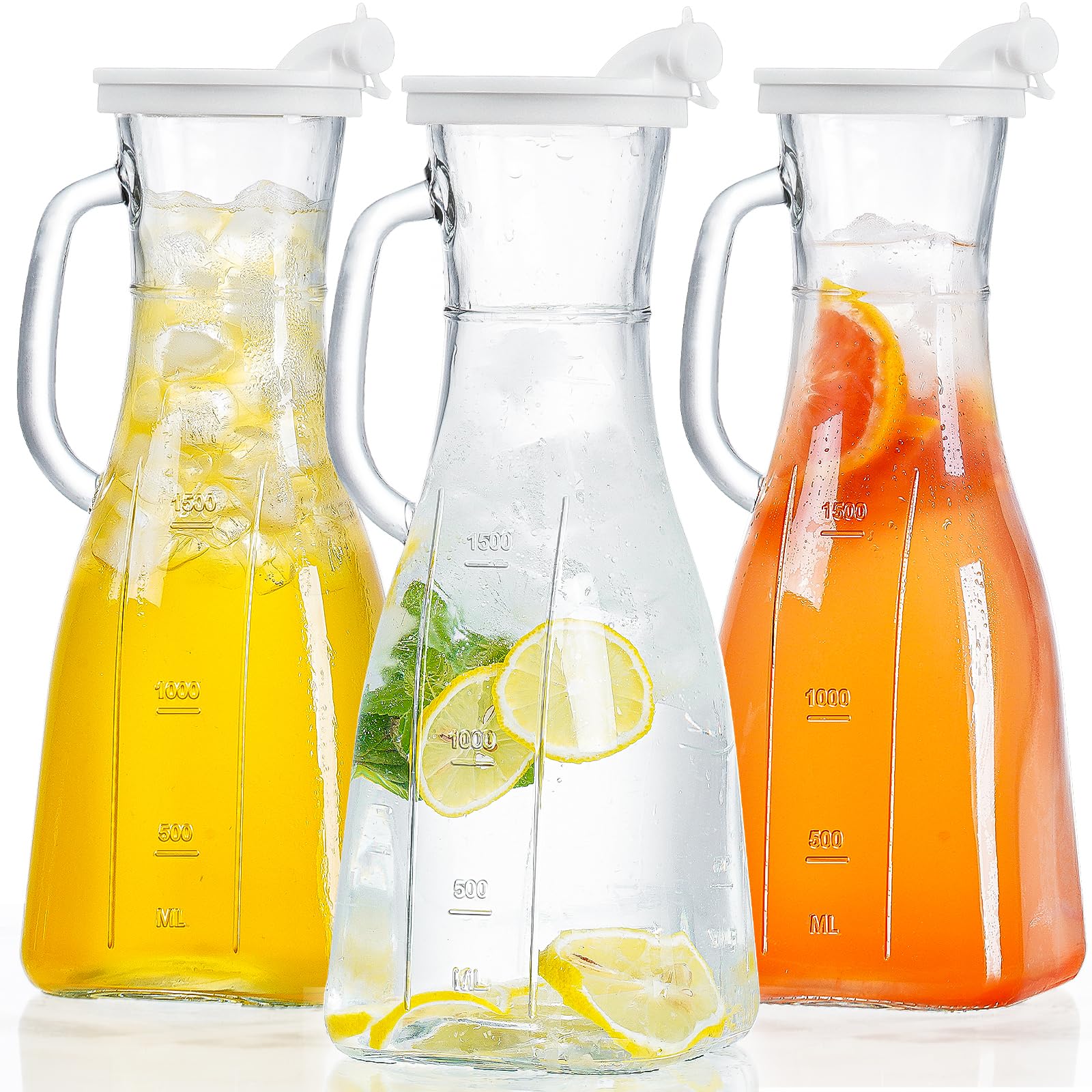 Absovetu Paquete de 3 jarras de vidrio con tapas de 1.9 L/64 onzas, jarras de agua de vidrio para refrigerador, jarra de agua, jarra de jugo con asa para jugo, leche, vino, té