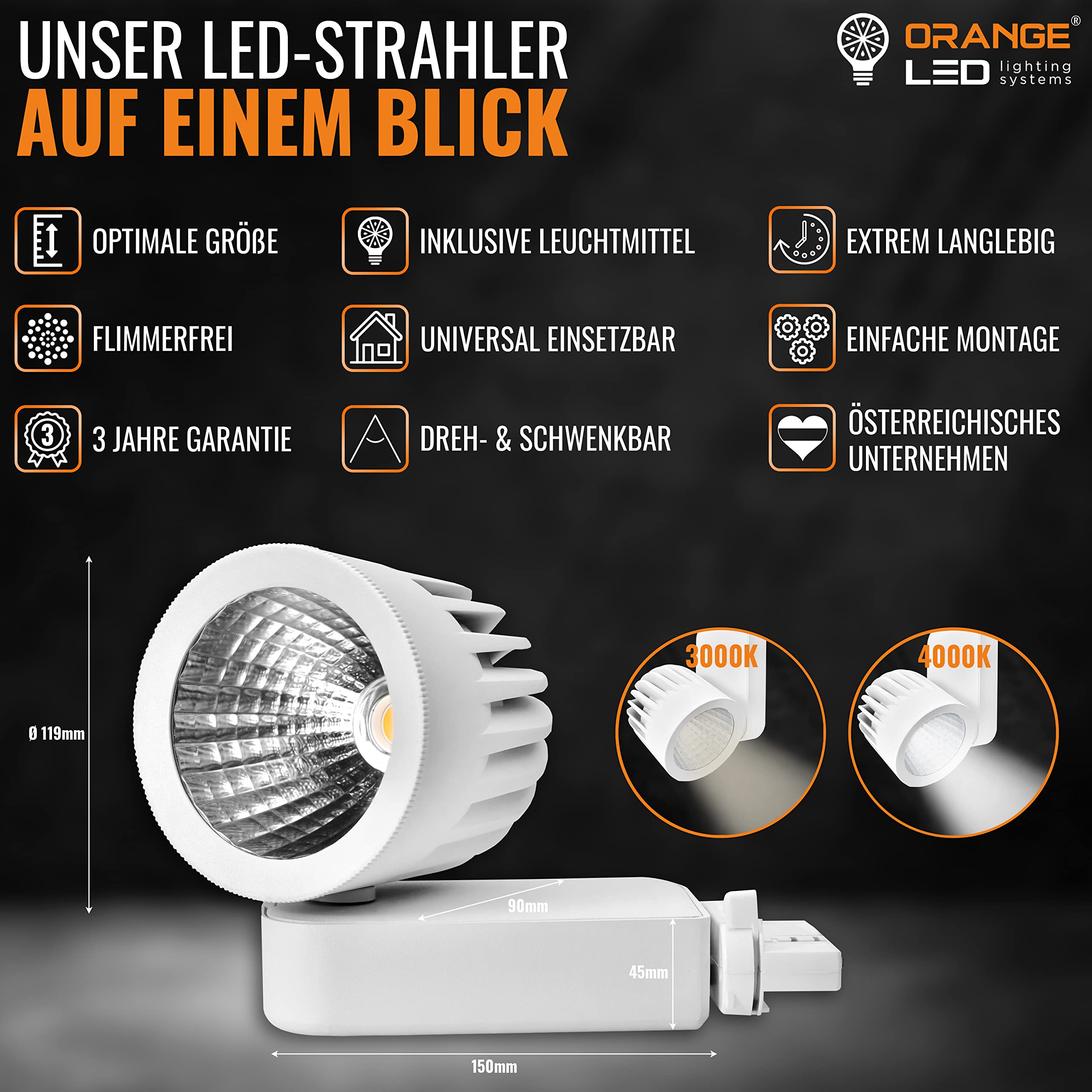 ORANGE LED 3-Phasen Schienen Deckenstrahler - OR-601 LED Spot weiß - 40W - 30° - hochwertiger LED Strahler für Stromschienen - Schienensystem Leuchte - Stromschienenstrahler (4000K)