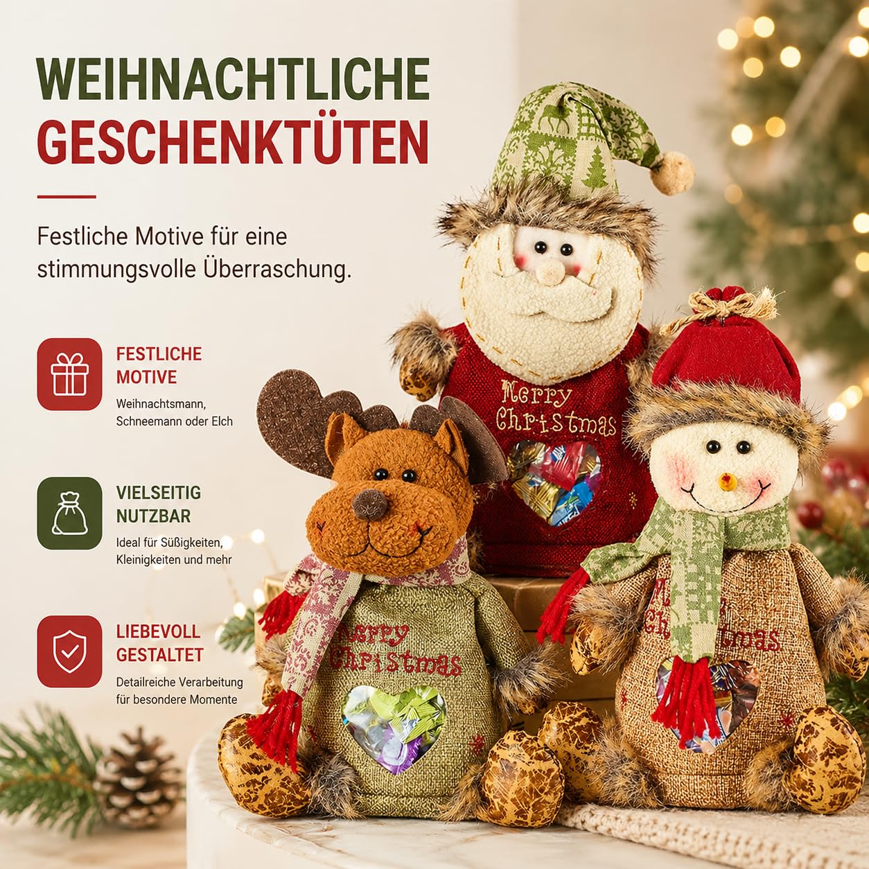 Christmas Gift Bags Zipper Design, Pack of 3/6 Gift Bags Christmas Small, 3D Santa Claus Elk Cuddly Toy, Small Storage Bags für Party- und Festivaldekoration (6 Stück-A)