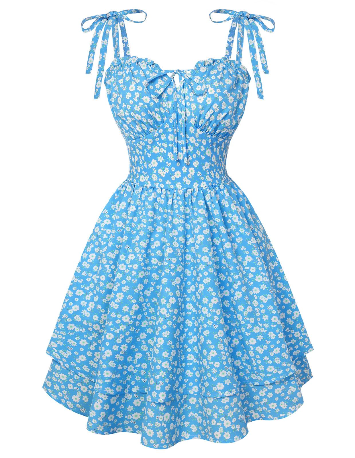 SCARLET DARKNESS Damen Mini Kleid Spaghetti Strap Blumenmuster Sommer Sundress Rüschen Freizeit Urlaubskleid Blau XL