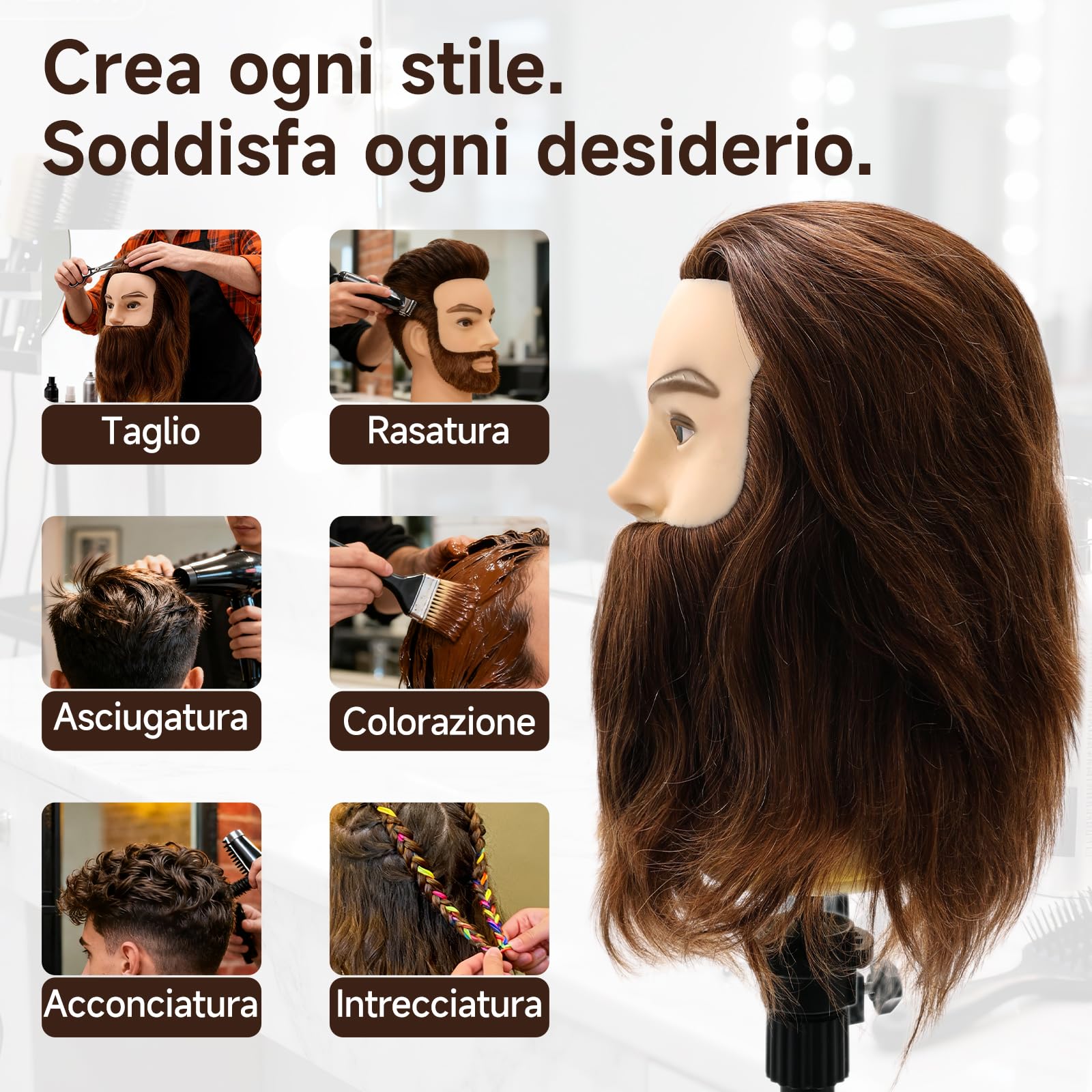 TwoWin 12 pollici (30,5 cm) Testa Manichino da Parrucchiere in Capelli Umani con Barba, Marrone