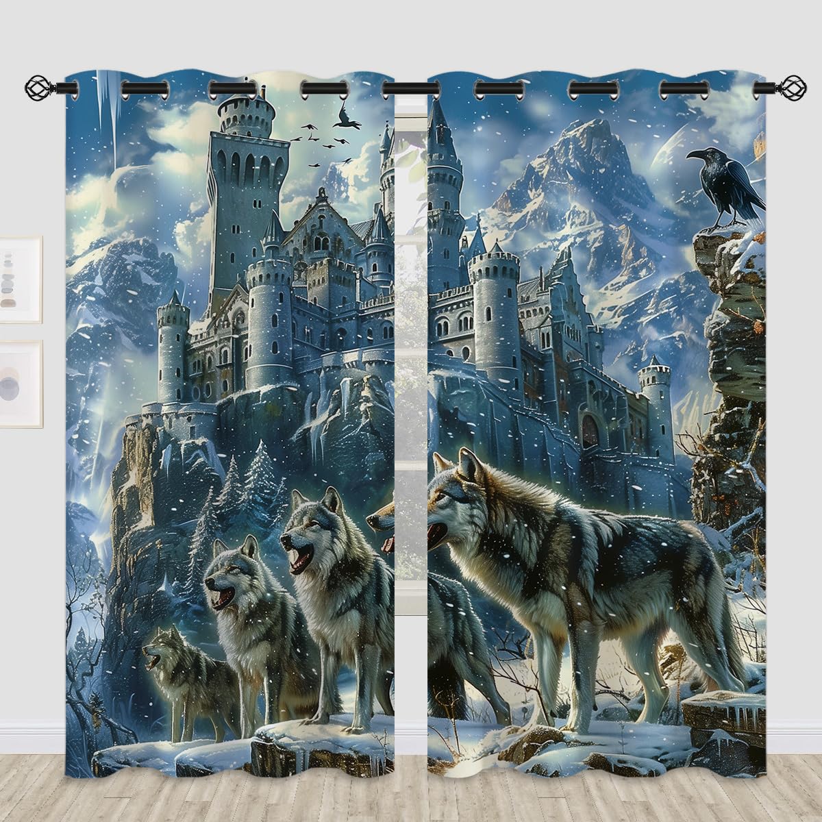 XINBADU Magic Castle Blackout Curtains for Girls Boy Home Decor, Wolf Wild Animal Mountain Winter Grommet Thermal Insulated Drapes Darkening Window Curtain for Bedroom Living Room, 84 x 84 Inch