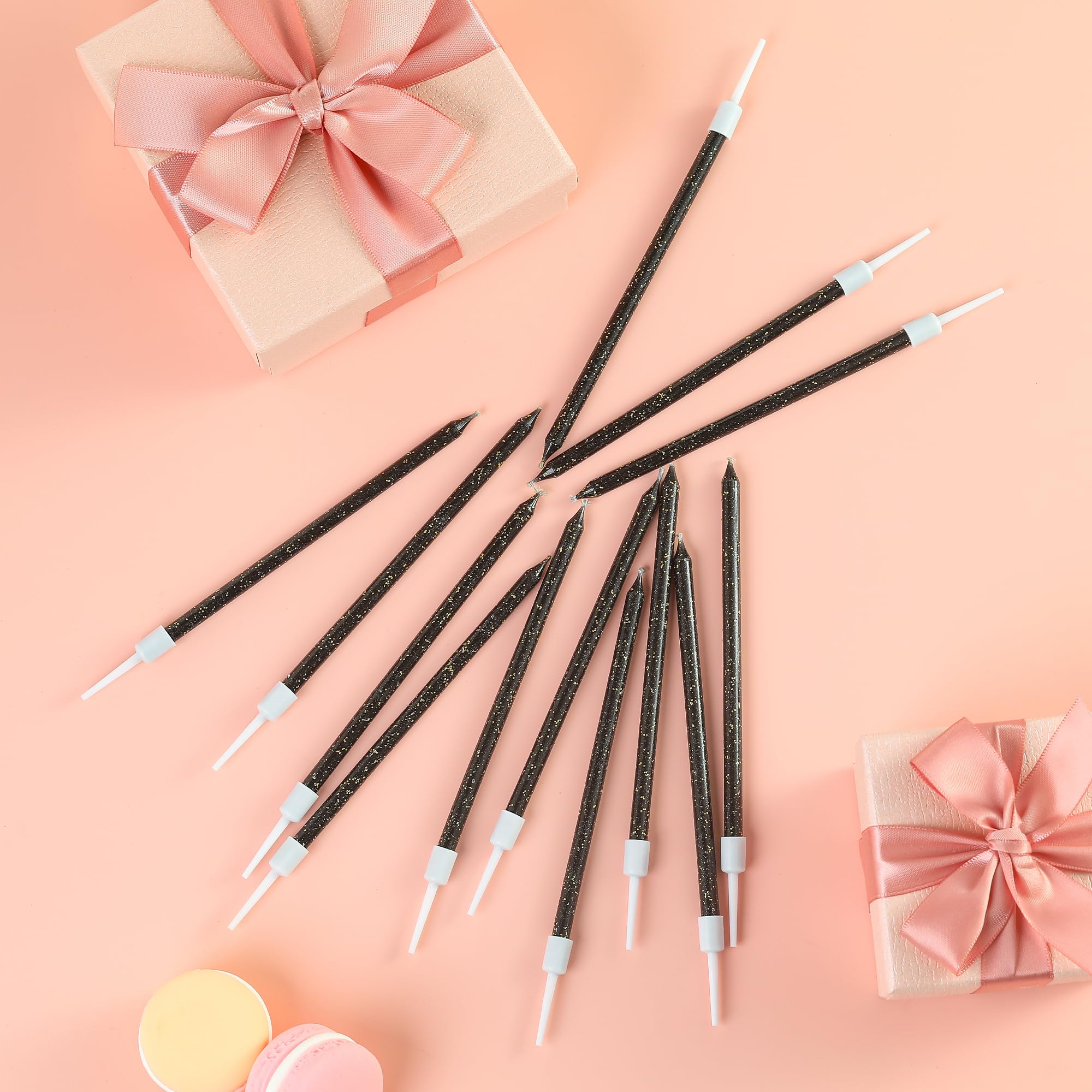 Lot de 36 bougies d'anniversaire longues et fines à paillettes noires pour gâteaux, fêtes d'anniversaire, décorations de mariage, bougies de fête