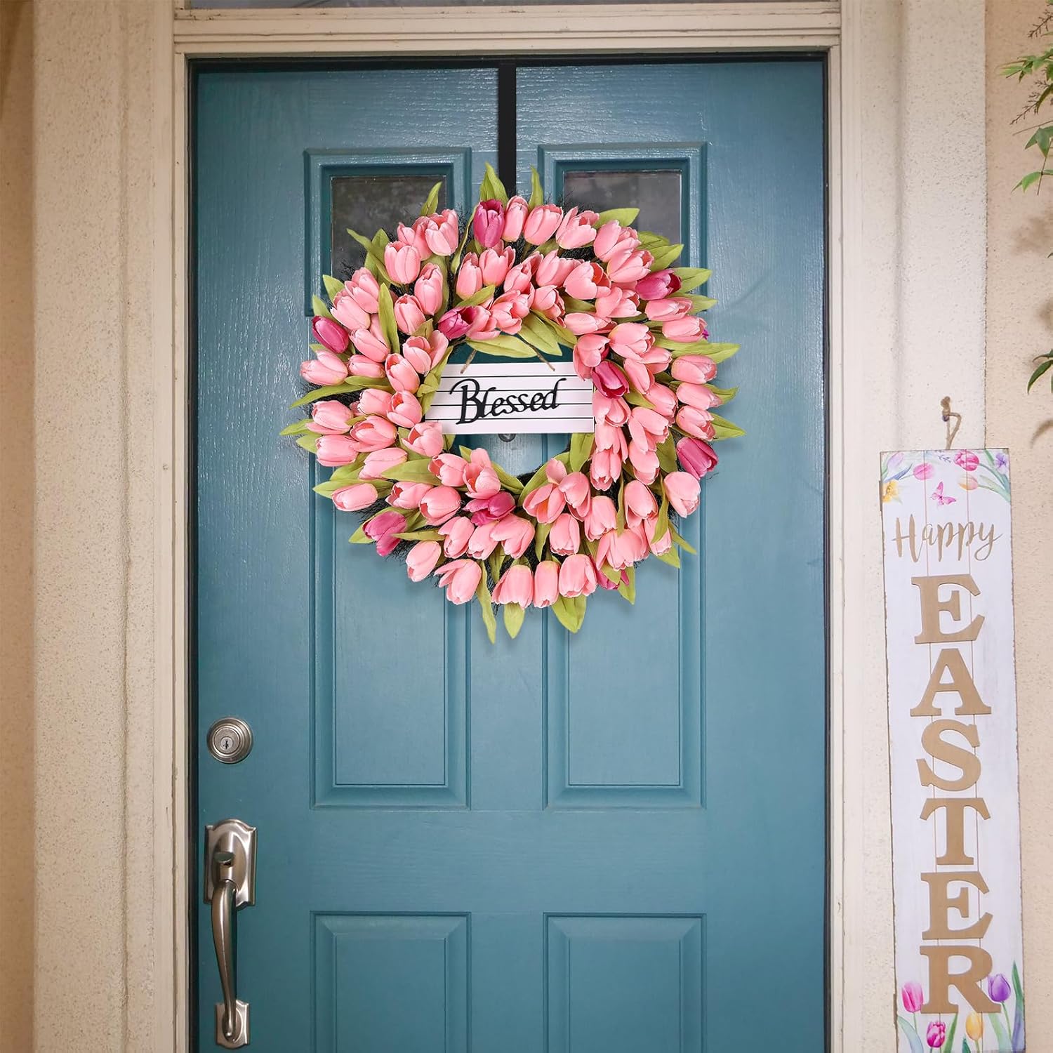 26 Inch Pink Tulip Wreath for Front Door, Artificial Spring Summer Wreath with Purple Accents & Removable Blessed Sign, Indoor Outdoor Farmhouse Decor