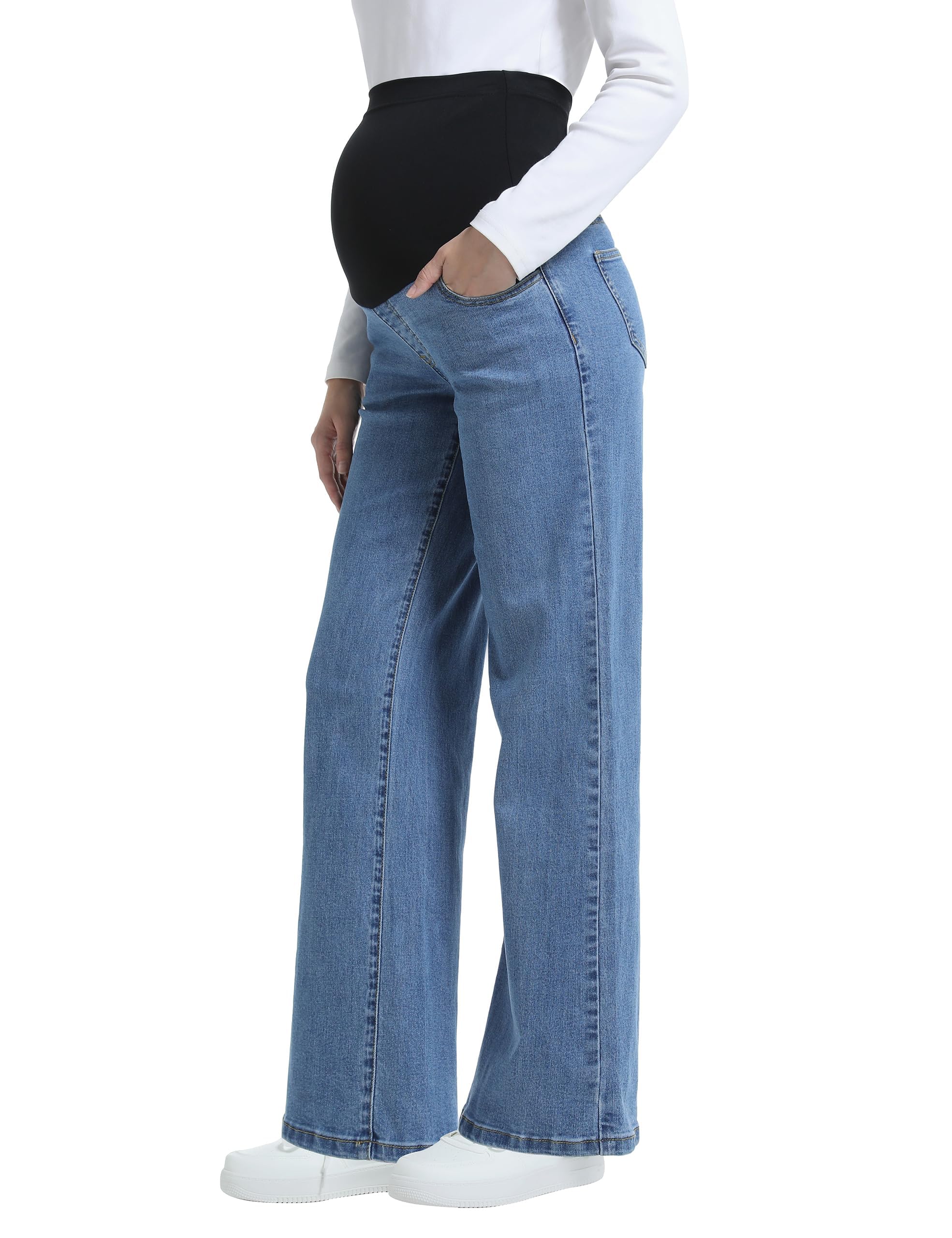 Damen Umstandsjeans Weites Bein Jeans | über dem Bauch, Bequeme Stretch, Gerade Beine, Denim Umstandshose, Schwangerschaftsjeans, mit Taschen