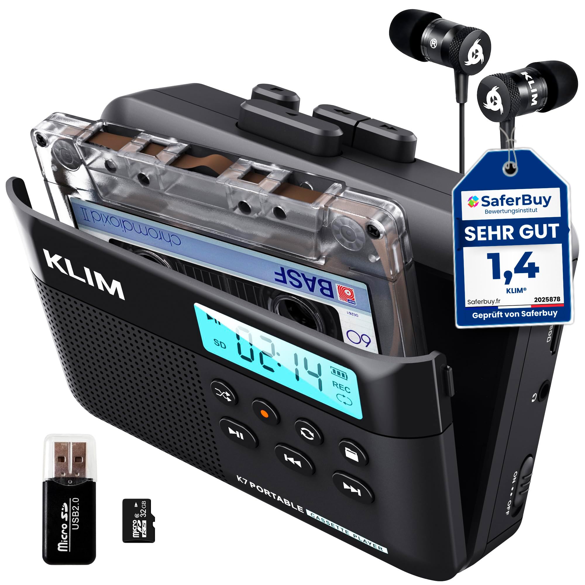 KLIM K7 Kassettenspieler, Kassettenrecorder & MP3 Konverter, Tragbare Kassettenspieler mit integriertem Mikrofon & Lautsprecher, Wiederaufladbar über USB – Inkl. Ohrhörer – 32 GB SD-Karte - Schwarz