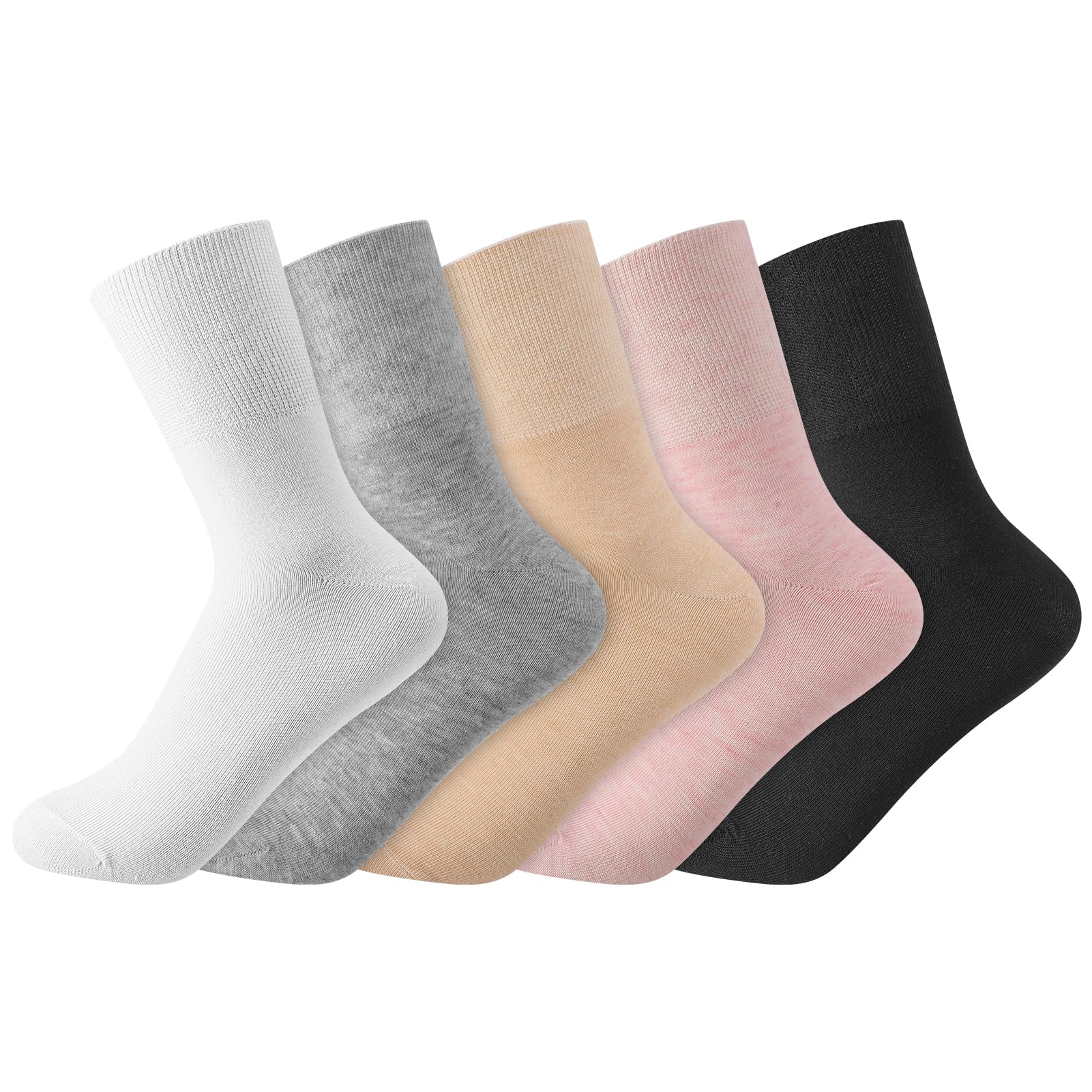 5 pairs Loose Socks Womens, No Elastic Diabetic Socks 4-8 Cotton Breathable Soft Wide Hospital Sock for Women Ladies