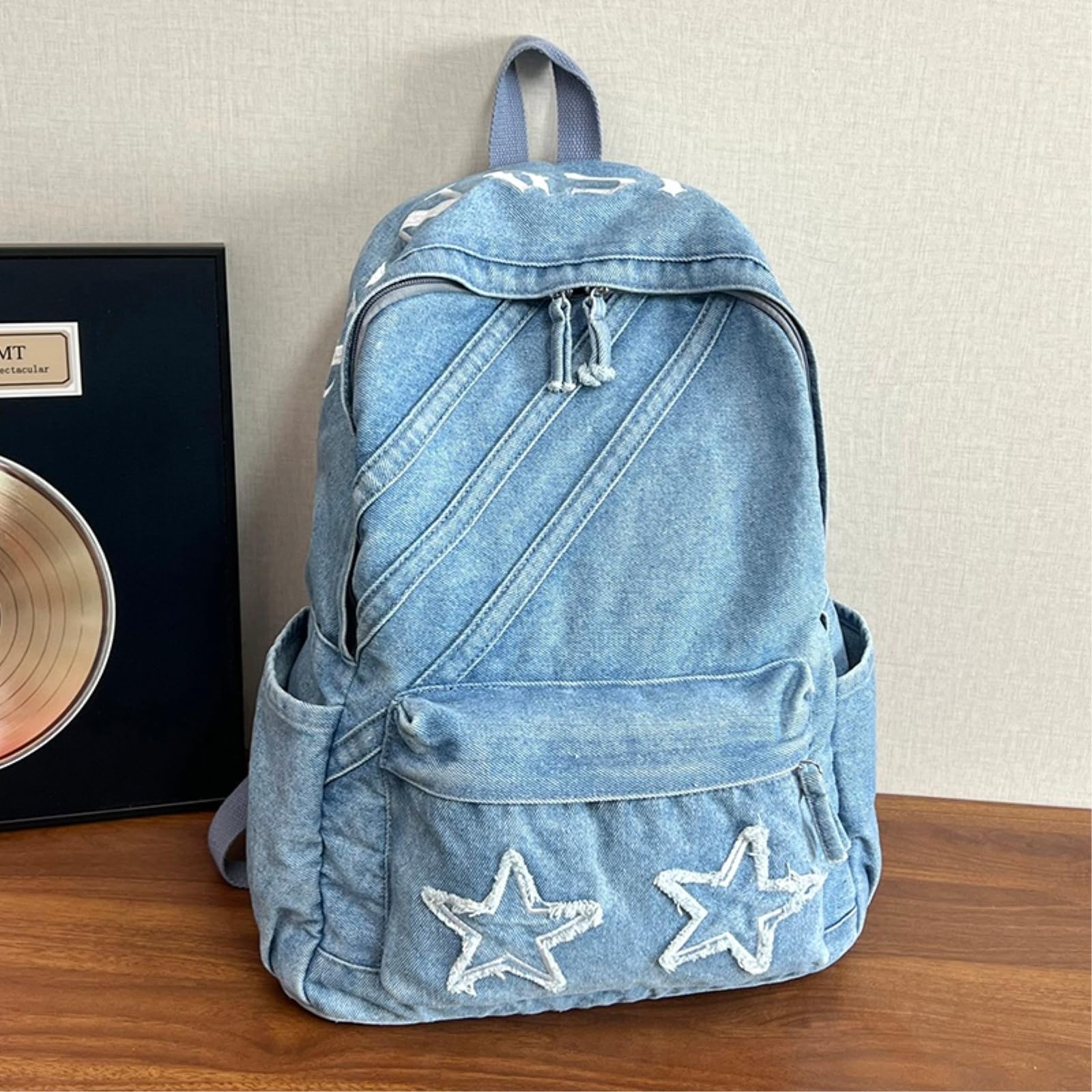 Zaino da Viaggio Star Patch Lavato Denim Zaino, Vintage Casual Daypack, Leggero Multi Tasca