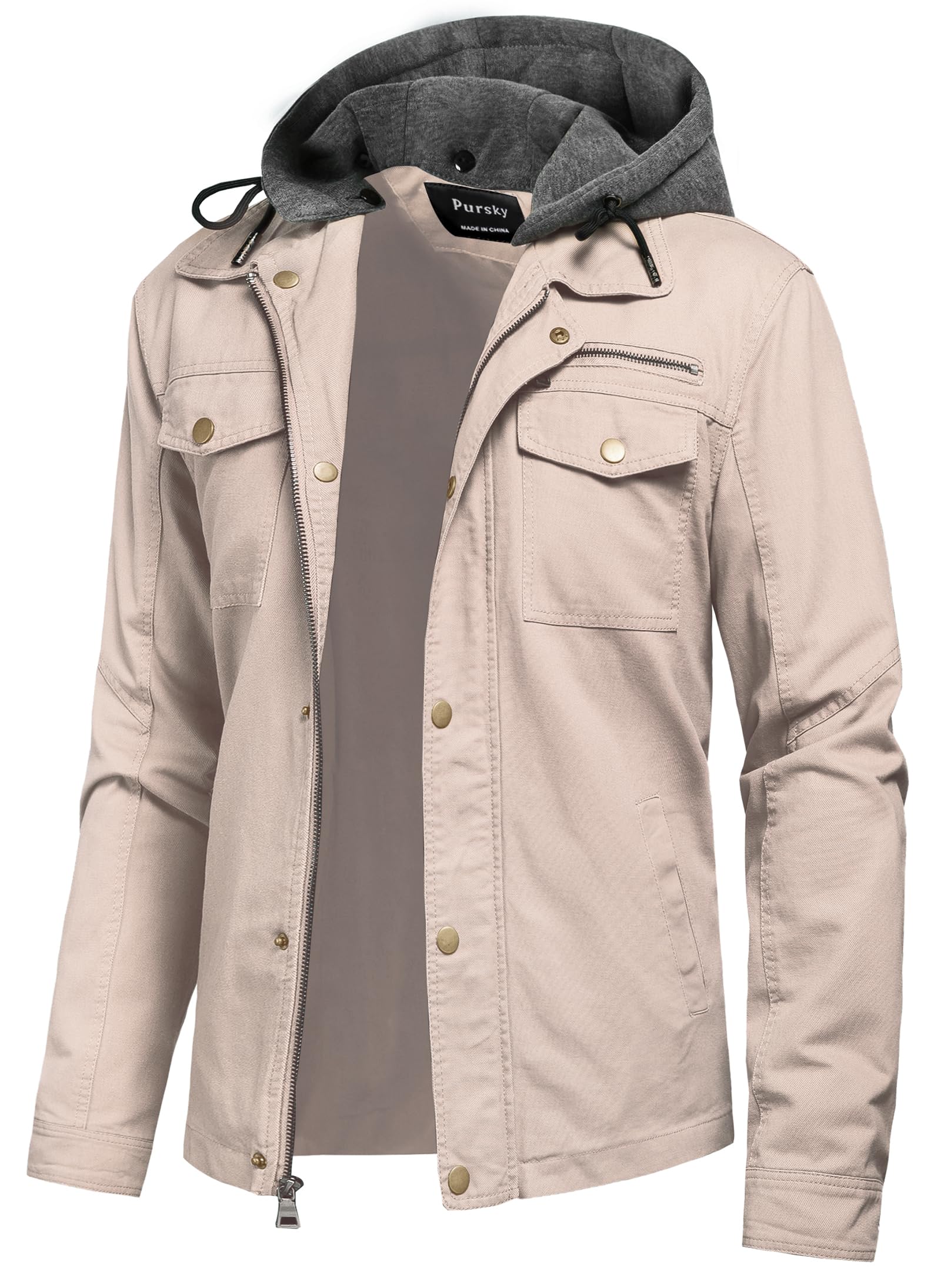 Pursky Men's Canvas Cotton Military Casual Field Jacket Outerwear With Removable Hood
